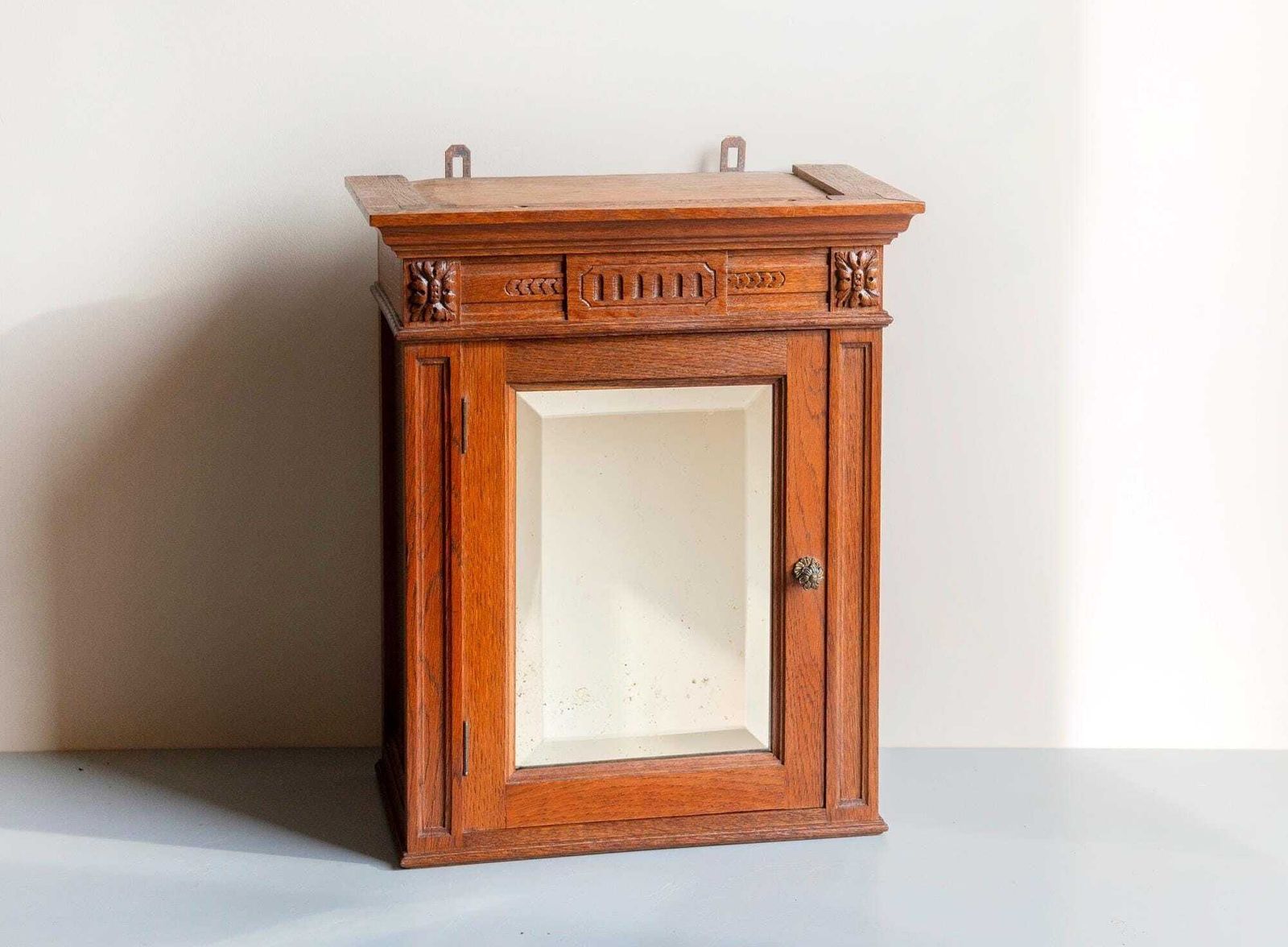 Antique Oak Wall Cabinet With Beveled Mirror – Hand Carved Hanging Medicine Chest – 19th Century.