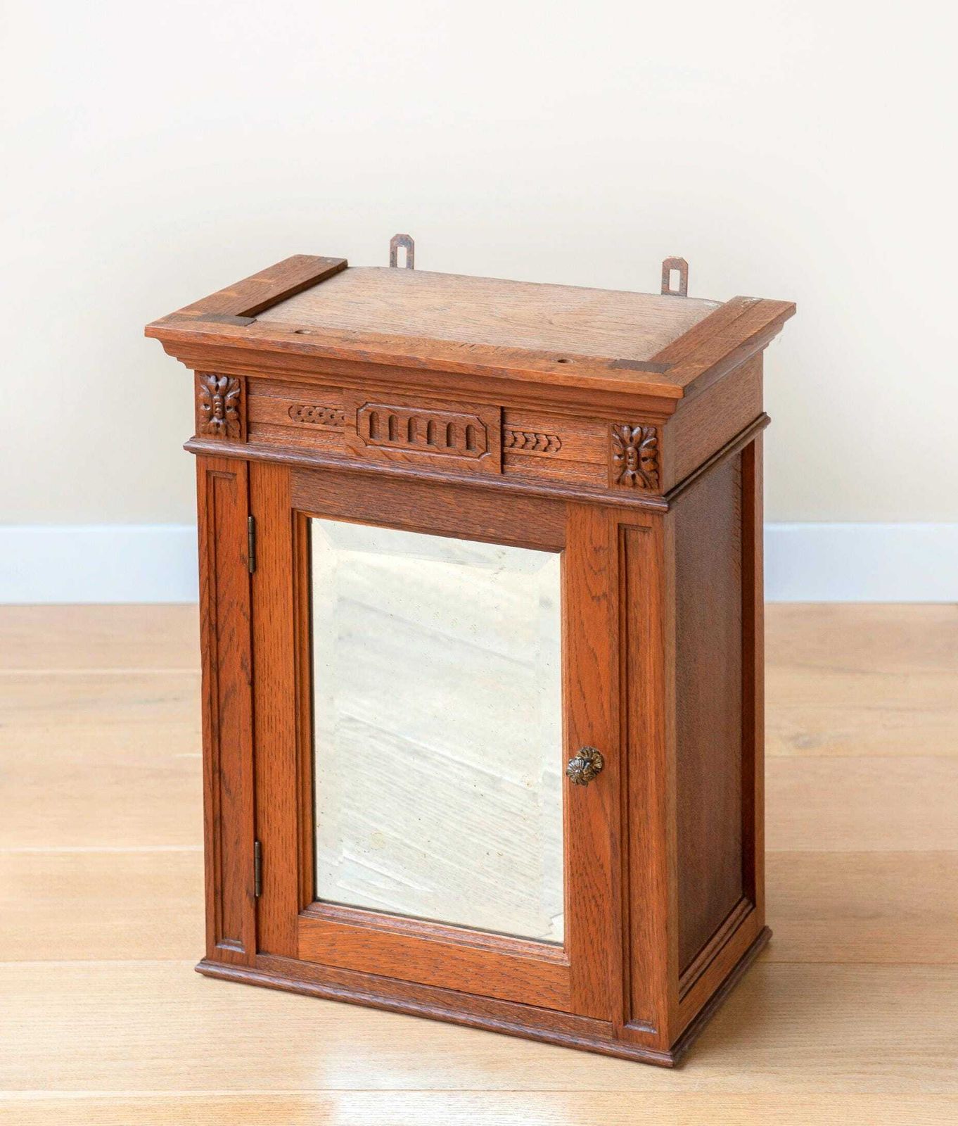 Antique Oak Wall Cabinet With Beveled Mirror – Hand Carved Hanging Medicine Chest – 19th Century. photo furniture
