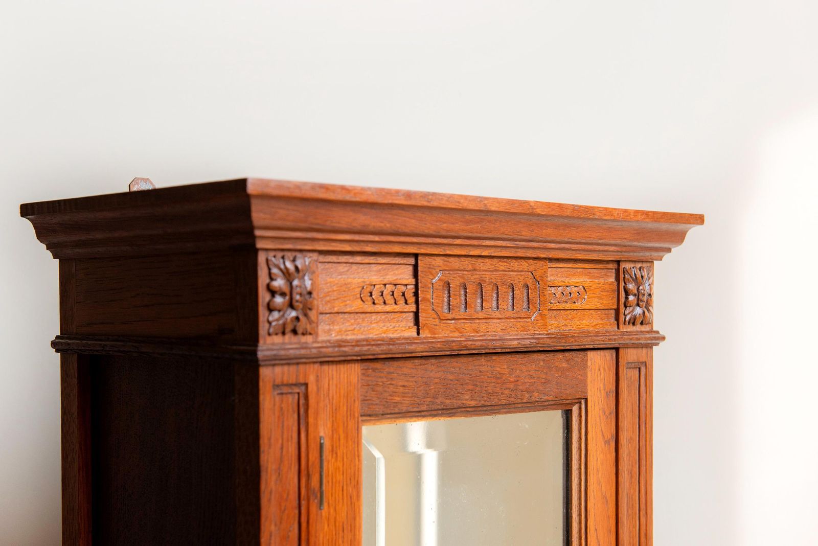 Antique Oak Wall Cabinet With Beveled Mirror – Hand Carved Hanging Medicine Chest – 19th Century. photo for sale