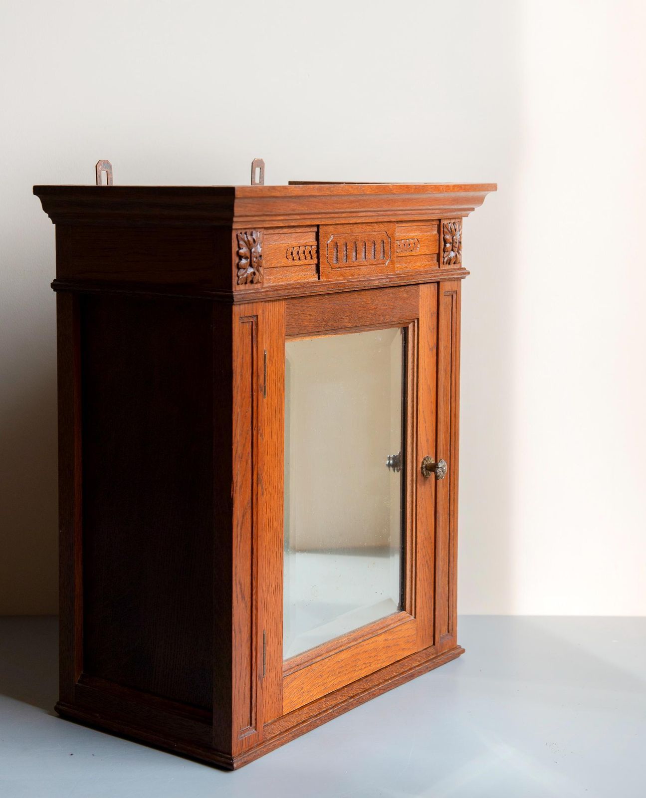 Antique Oak Wall Cabinet With Beveled Mirror – Hand Carved Hanging Medicine Chest – 19th Century. photo Furniture