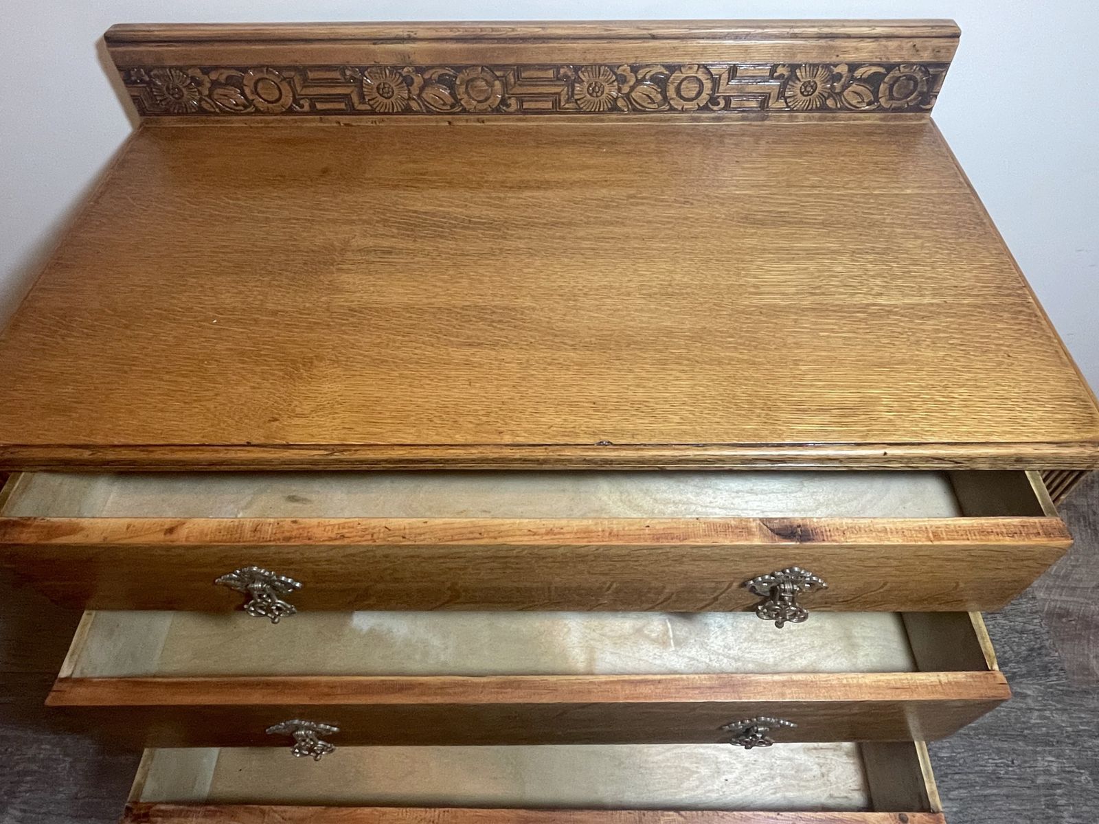 Carved Oak Chest Of Drawers | Vintage 3 Drawer Commode With Ornate Handles & Greek Key Motif photo buy