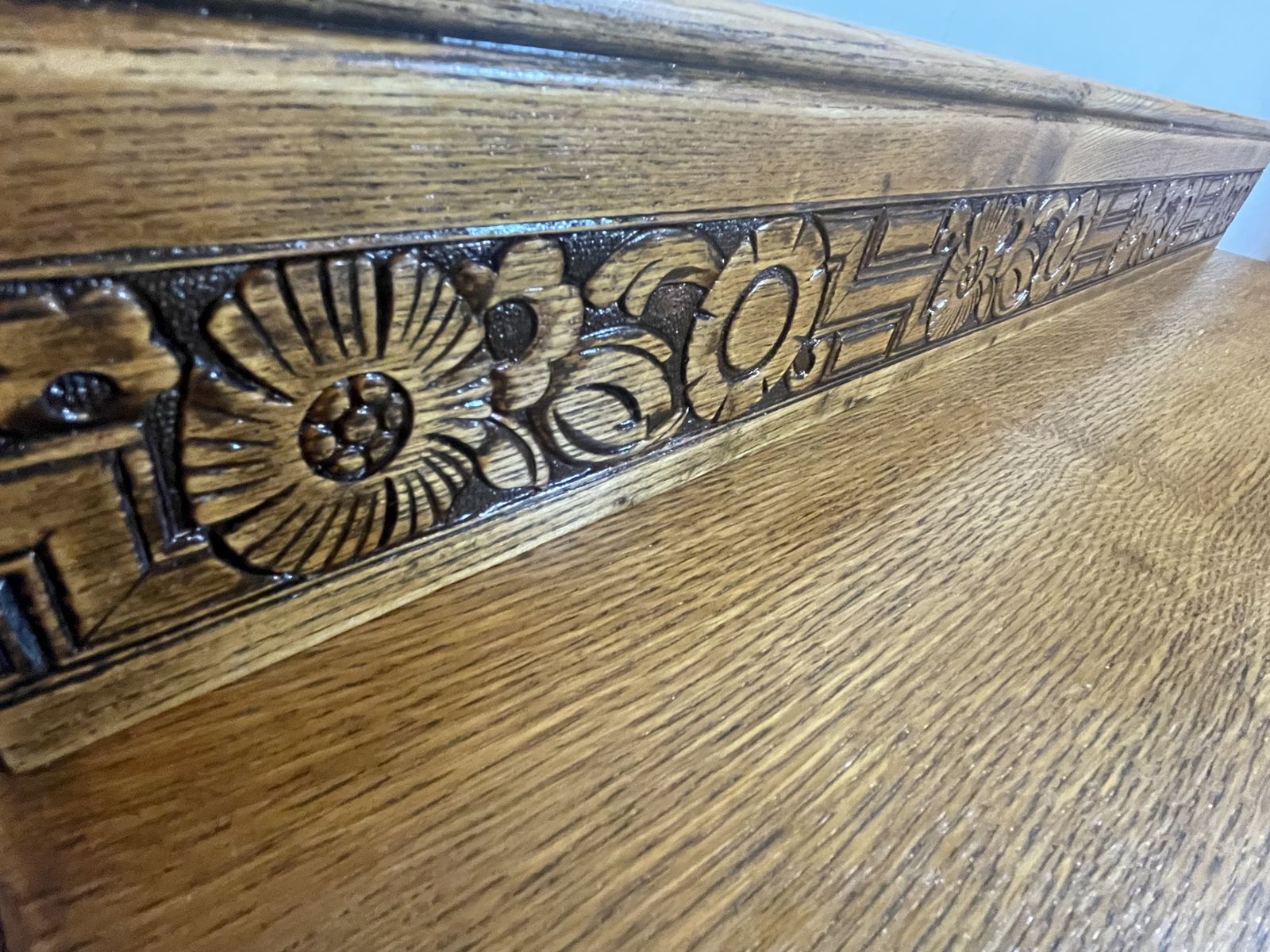 photo furniture Carved Oak Chest Of Drawers | Vintage 3 Drawer Commode With Ornate Handles & Greek Key Motif