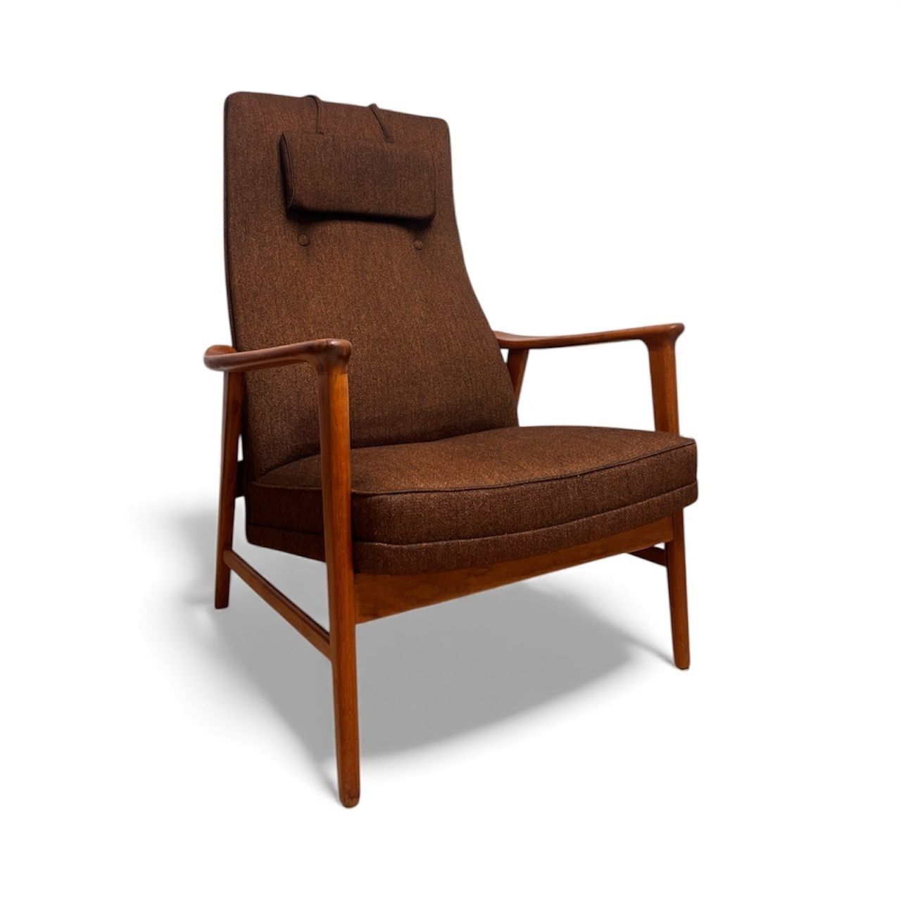 Pair Of Mid Century Folke Ohlsson “Duxiesta” Adjustable Teak Lounge Chairs In Brown Wool, Dux Sweden, 1960s photo furniture