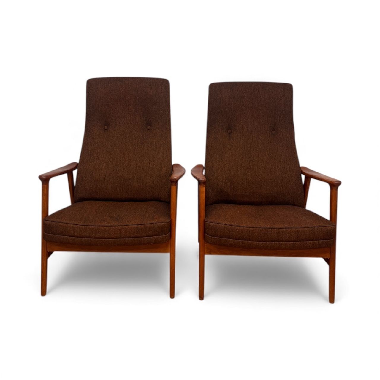Pair Of Mid Century Folke Ohlsson “Duxiesta” Adjustable Teak Lounge Chairs In Brown Wool, Dux Sweden, 1960s photo for sale