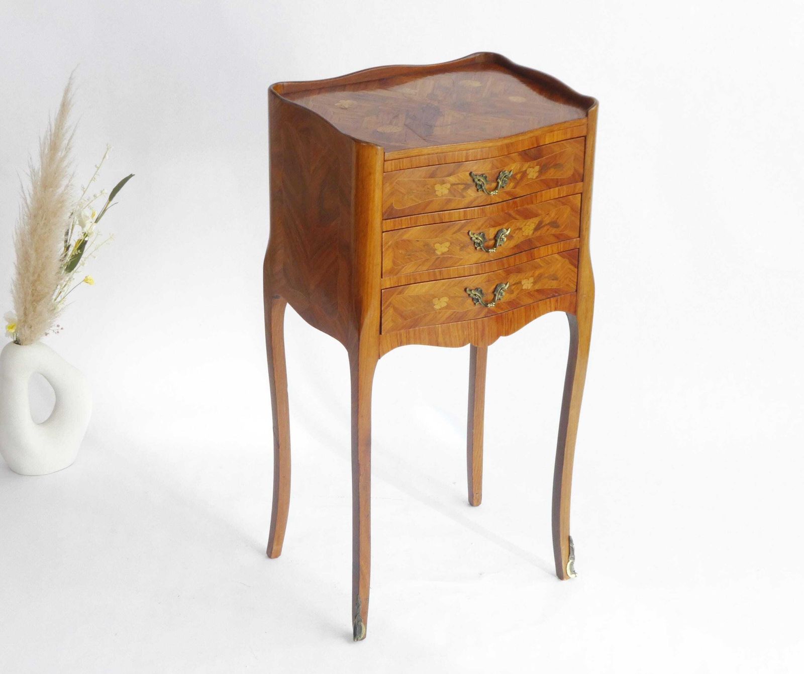 French Marquetry Nightstand Louis XV Style, Wooden Inlaid Side Table With Drawers photo Furniture