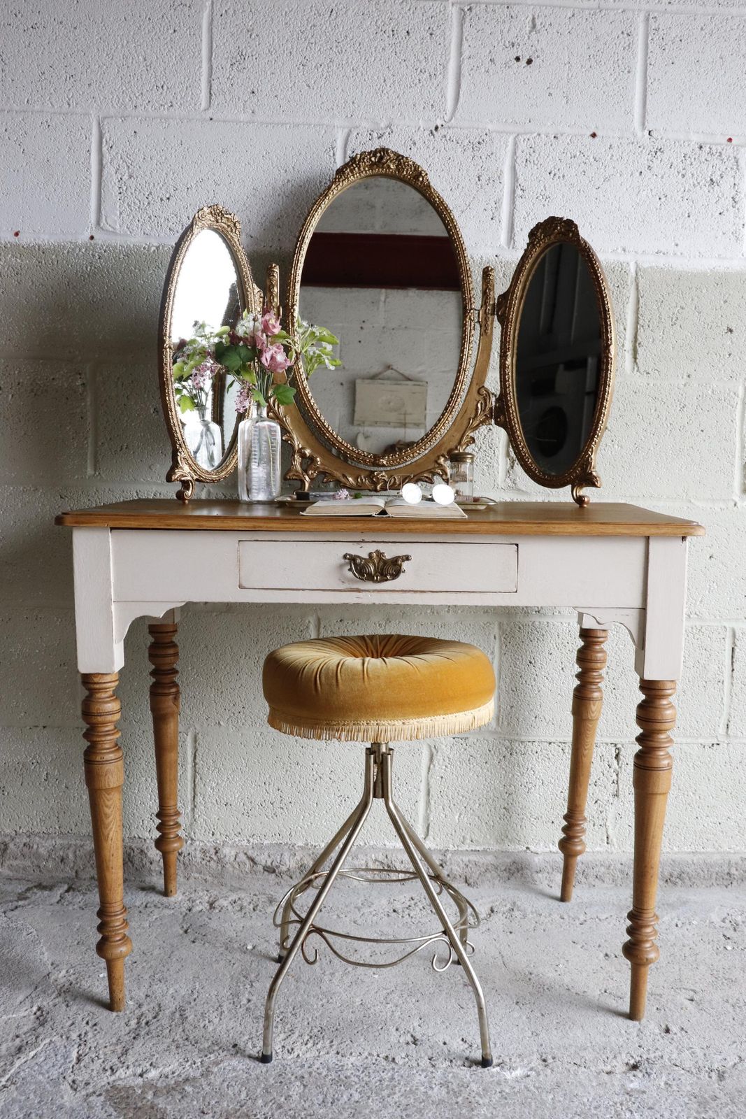 Part Painted Pine And Oak Washstand, Dressing Table Or Desk In Stone Rosie