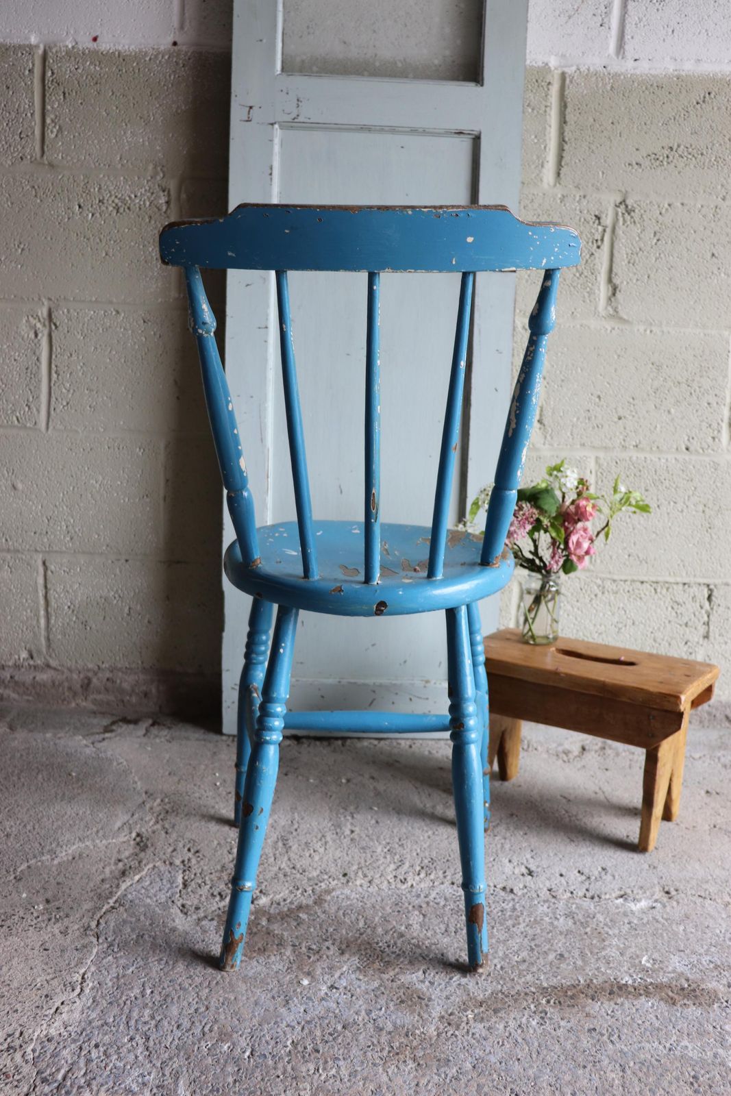 Charming Orignal Shabby Blue Painted Spindle Back Farmhouse Penny Chair photo buy