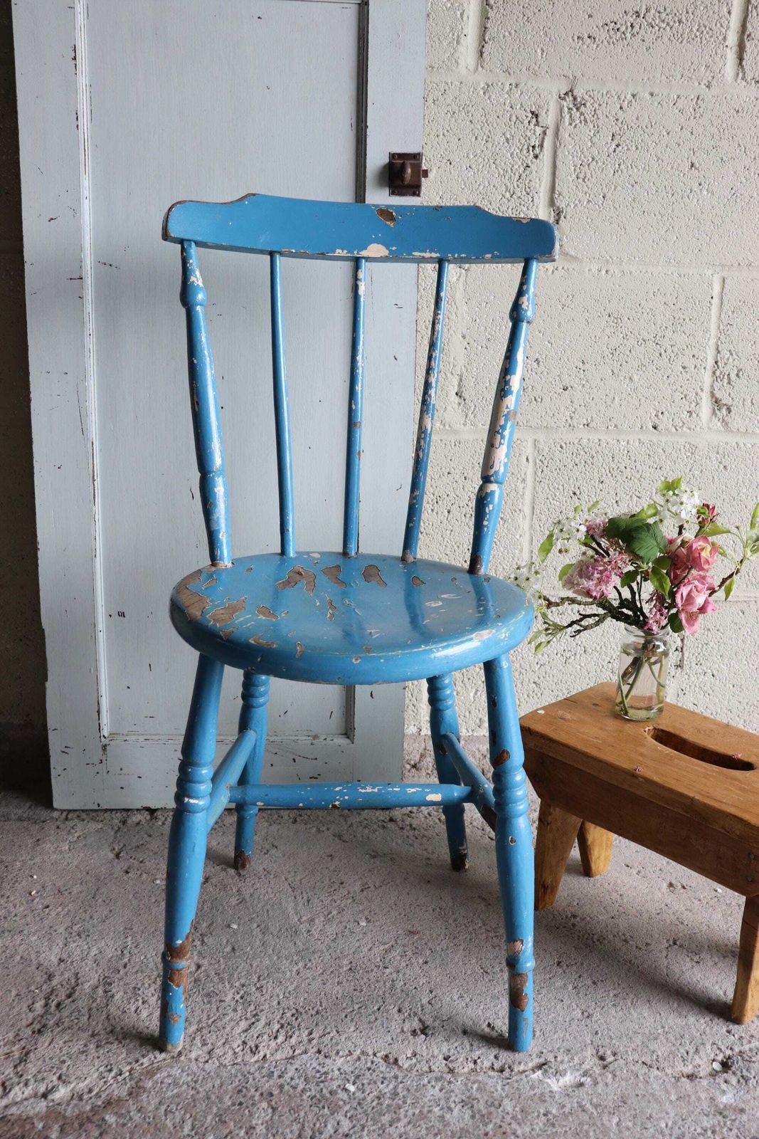Charming Orignal Shabby Blue Painted Spindle Back Farmhouse Penny Chair photo vintage