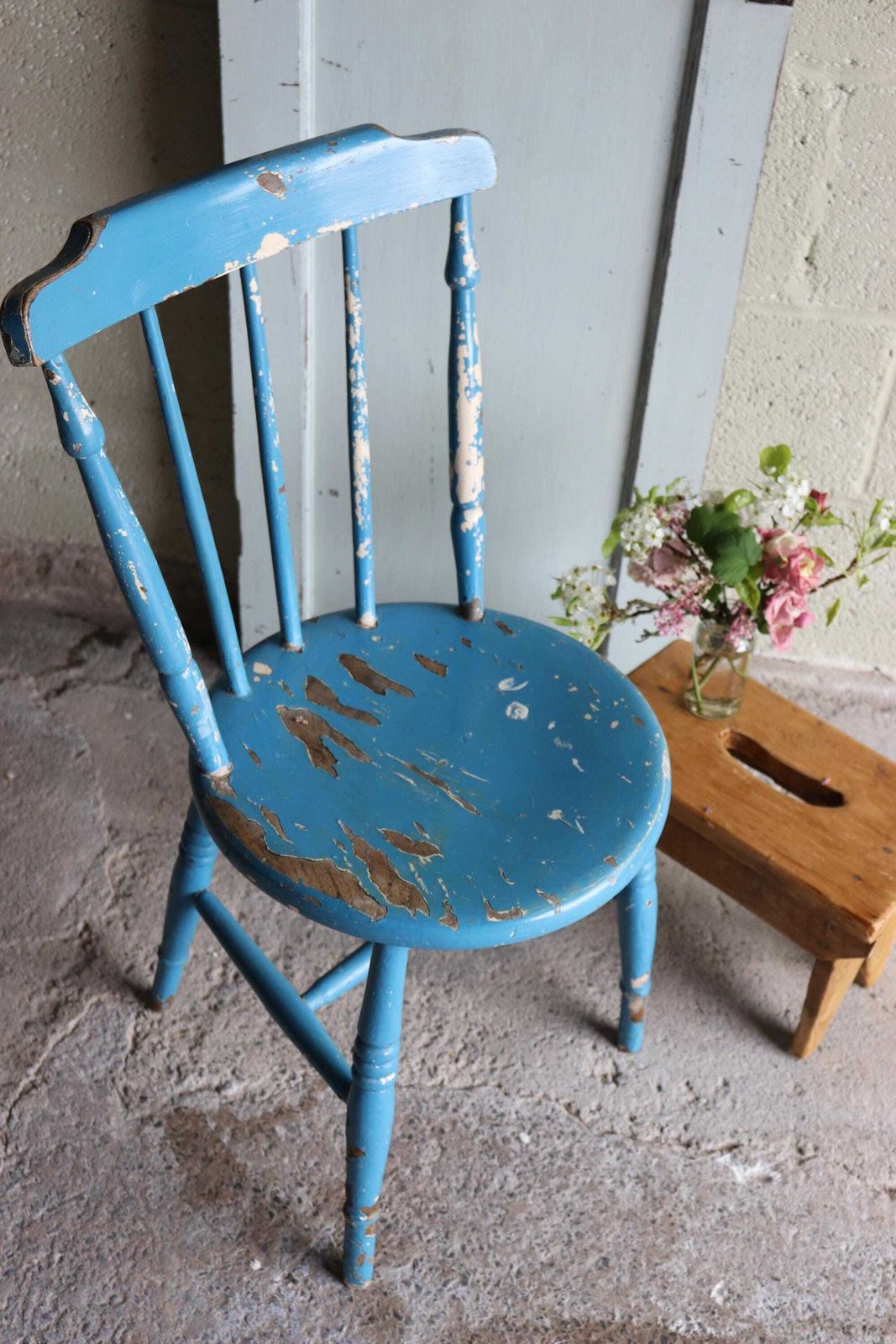 photo for sale Charming Orignal Shabby Blue Painted Spindle Back Farmhouse Penny Chair