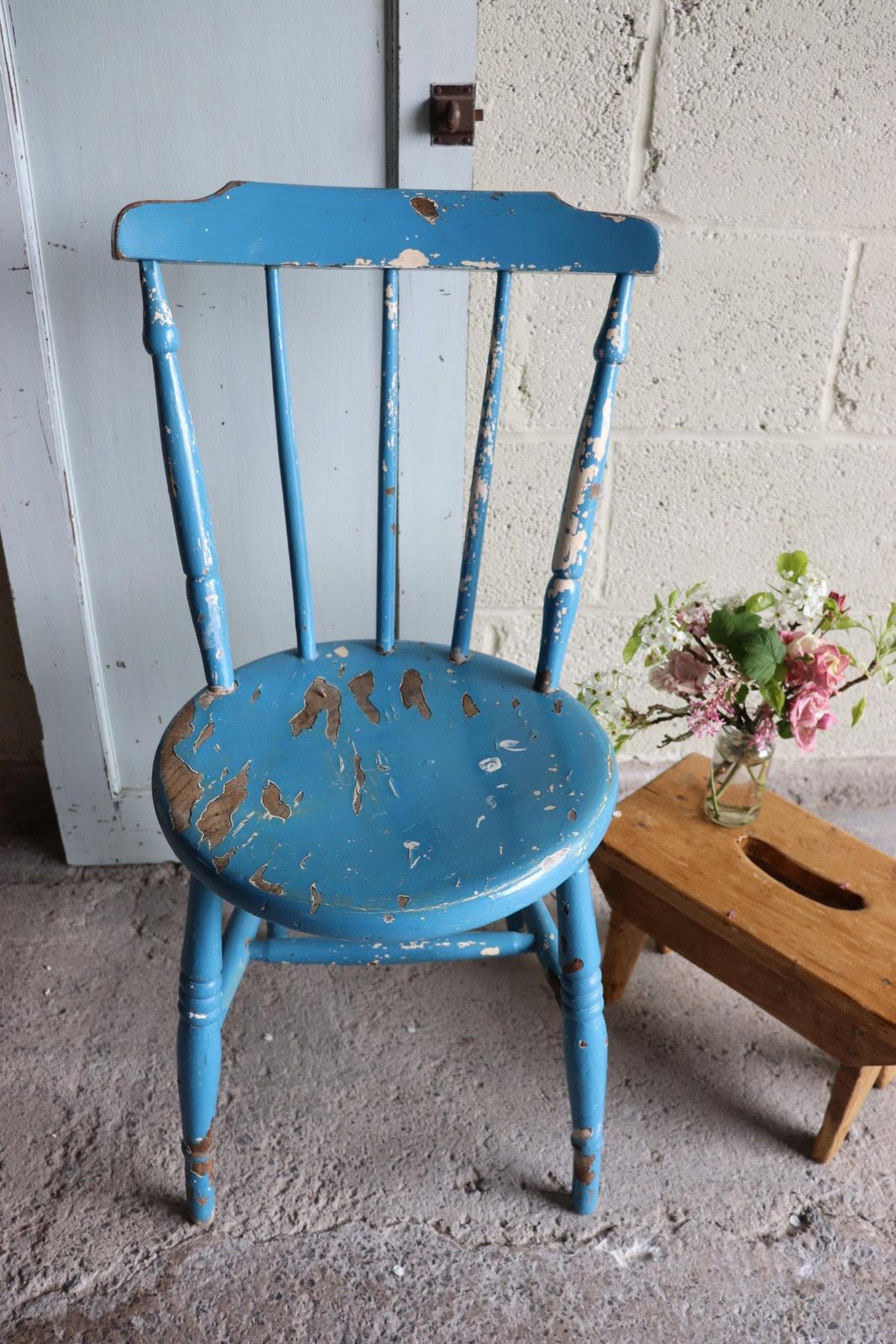 300.0 Charming Orignal Shabby Blue Painted Spindle Back Farmhouse Penny Chair photo