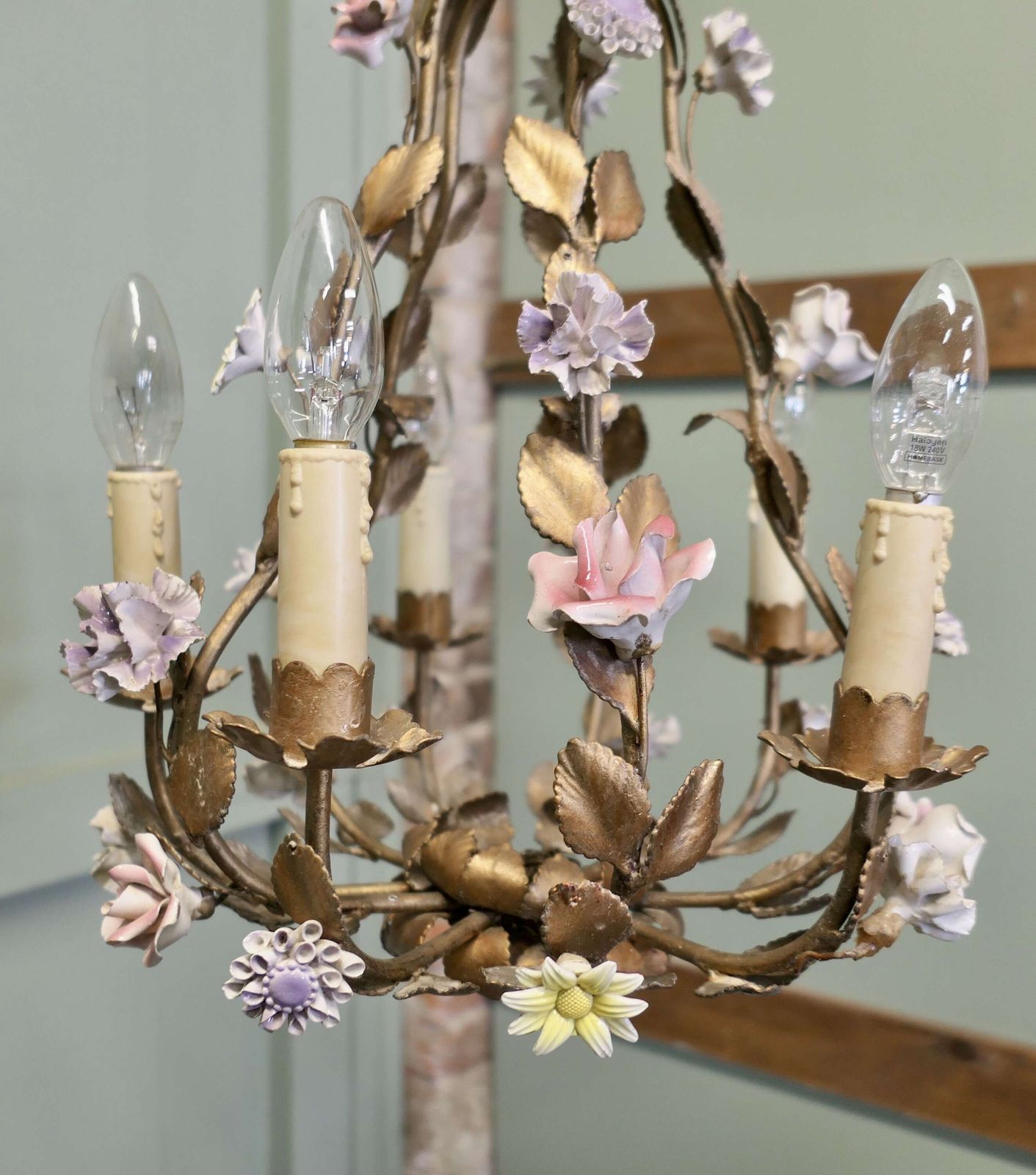 French Gilt Toleware And Floral Ceramic 6 Branch Chandelier photo furniture