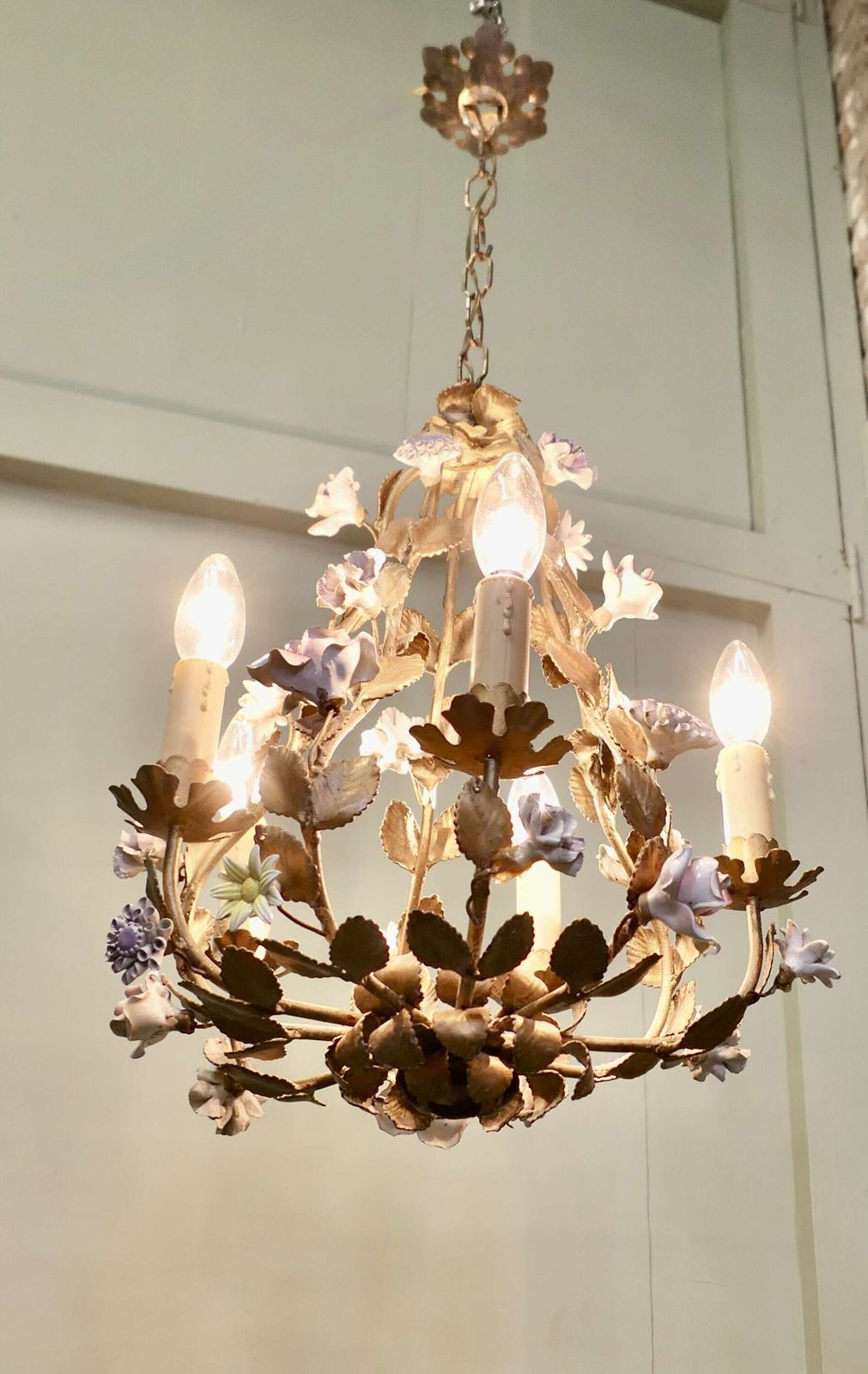 French Gilt Toleware And Floral Ceramic 6 Branch Chandelier photo 660.0