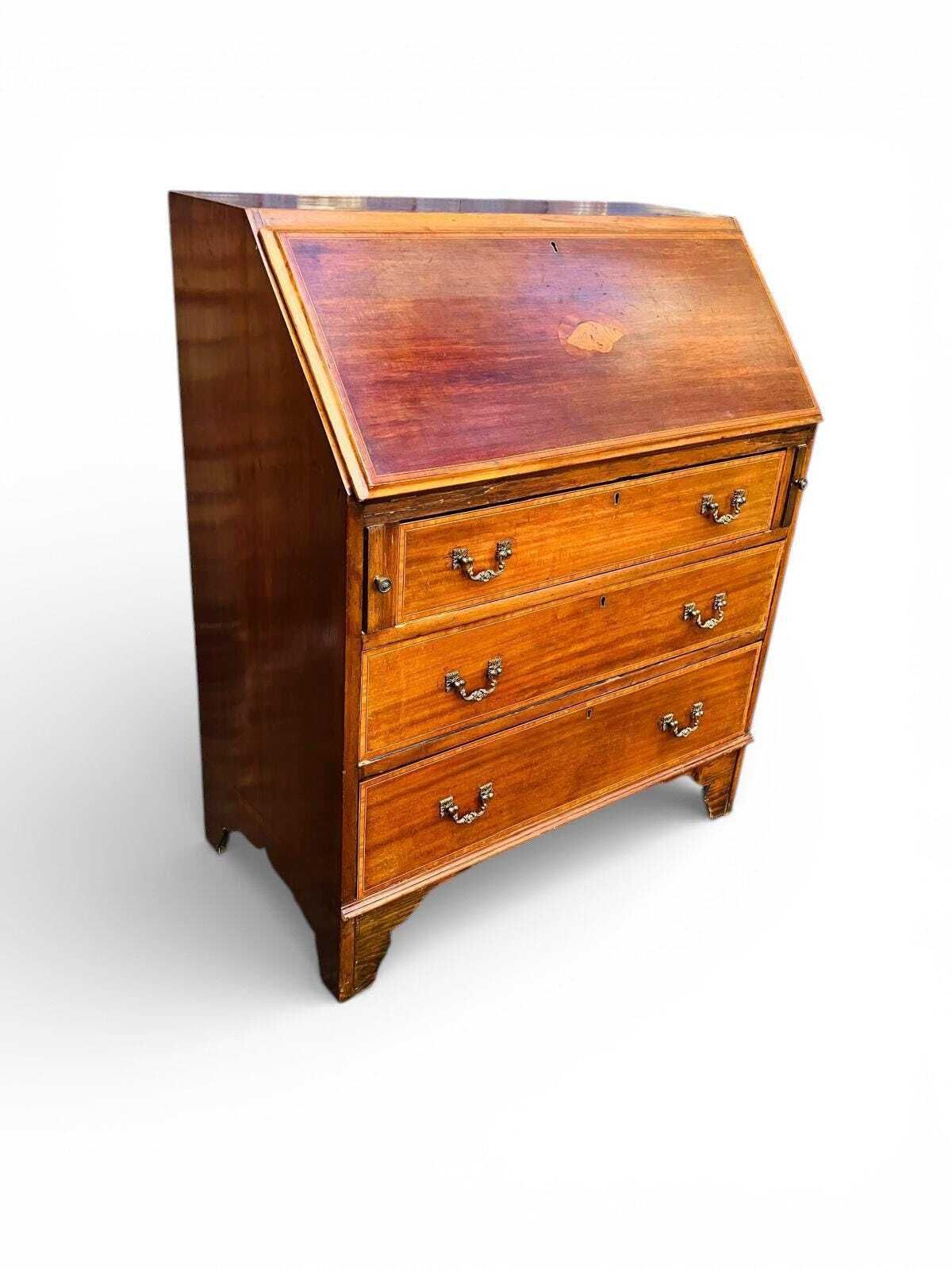 Antique Mahogany Bureau Writing Desk / Inlay Detail / C1930 photo furniture