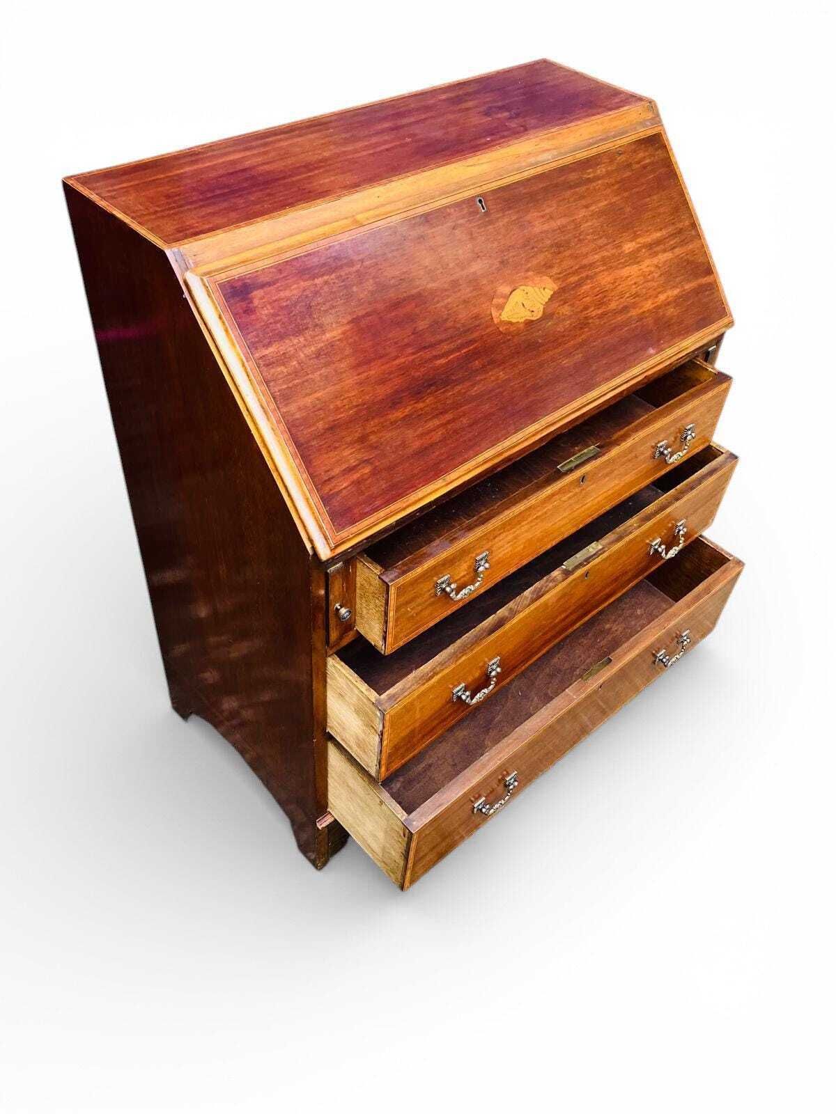 Antique Mahogany Bureau Writing Desk / Inlay Detail / C1930 photo vinterior