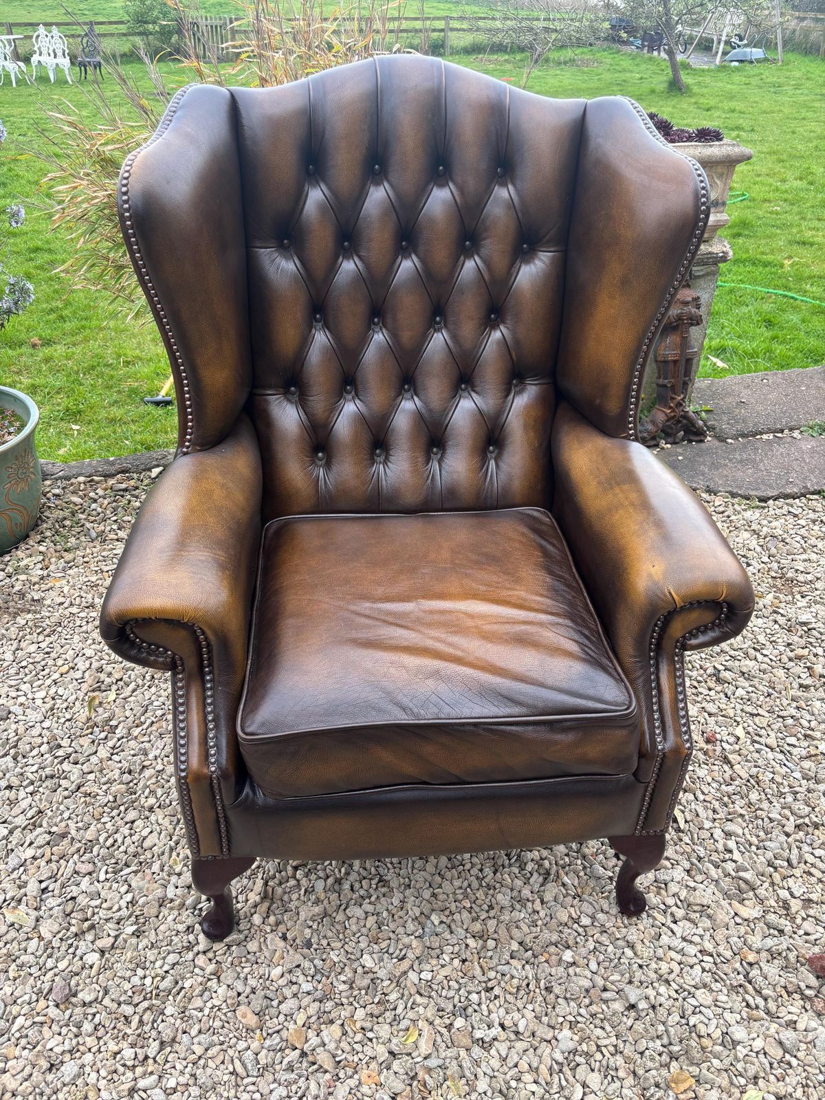 Chesterfield Real Leather Queen Anne Wingback Chair Stunning Condition