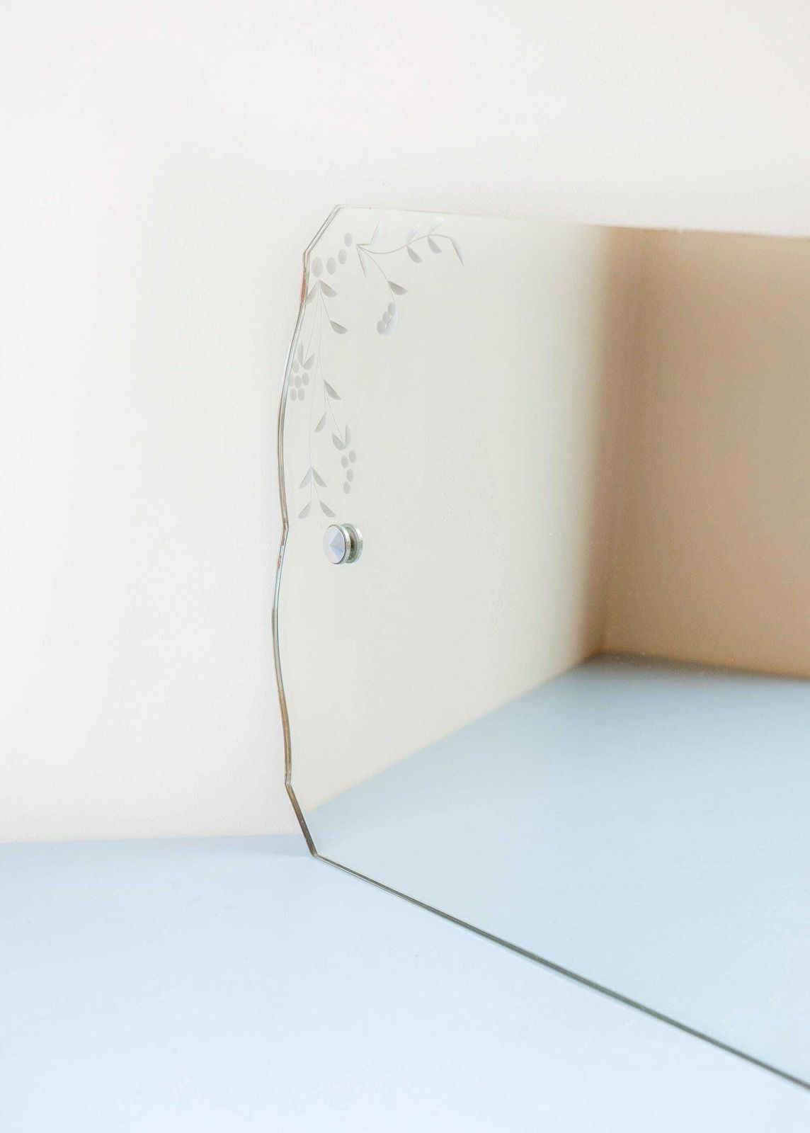 Antique Frameless Mirror   Art Deco Wall Mirror With Etched Floral Glass, 1940s photo vinterior