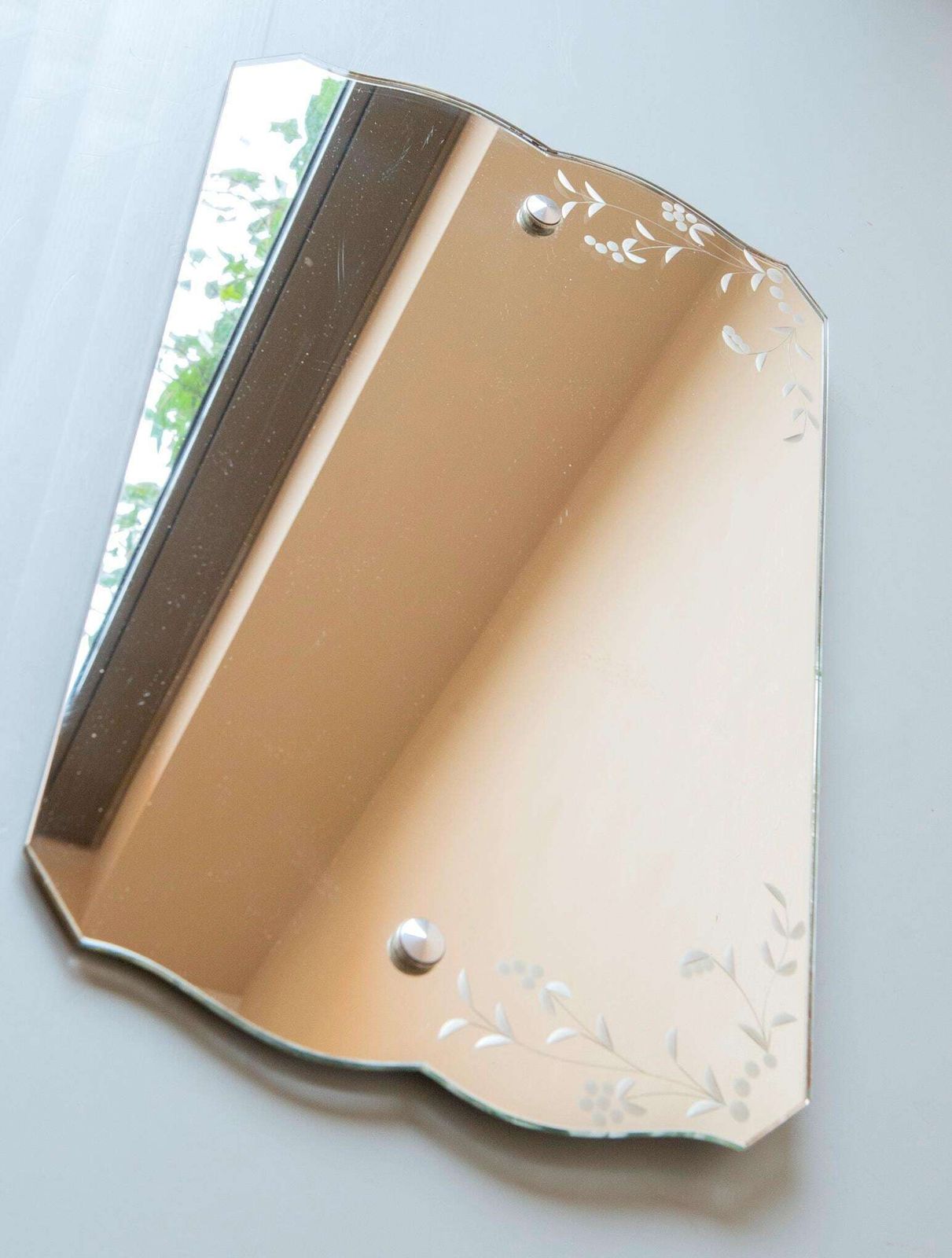 photo vinterior Antique Frameless Mirror   Art Deco Wall Mirror With Etched Floral Glass, 1940s