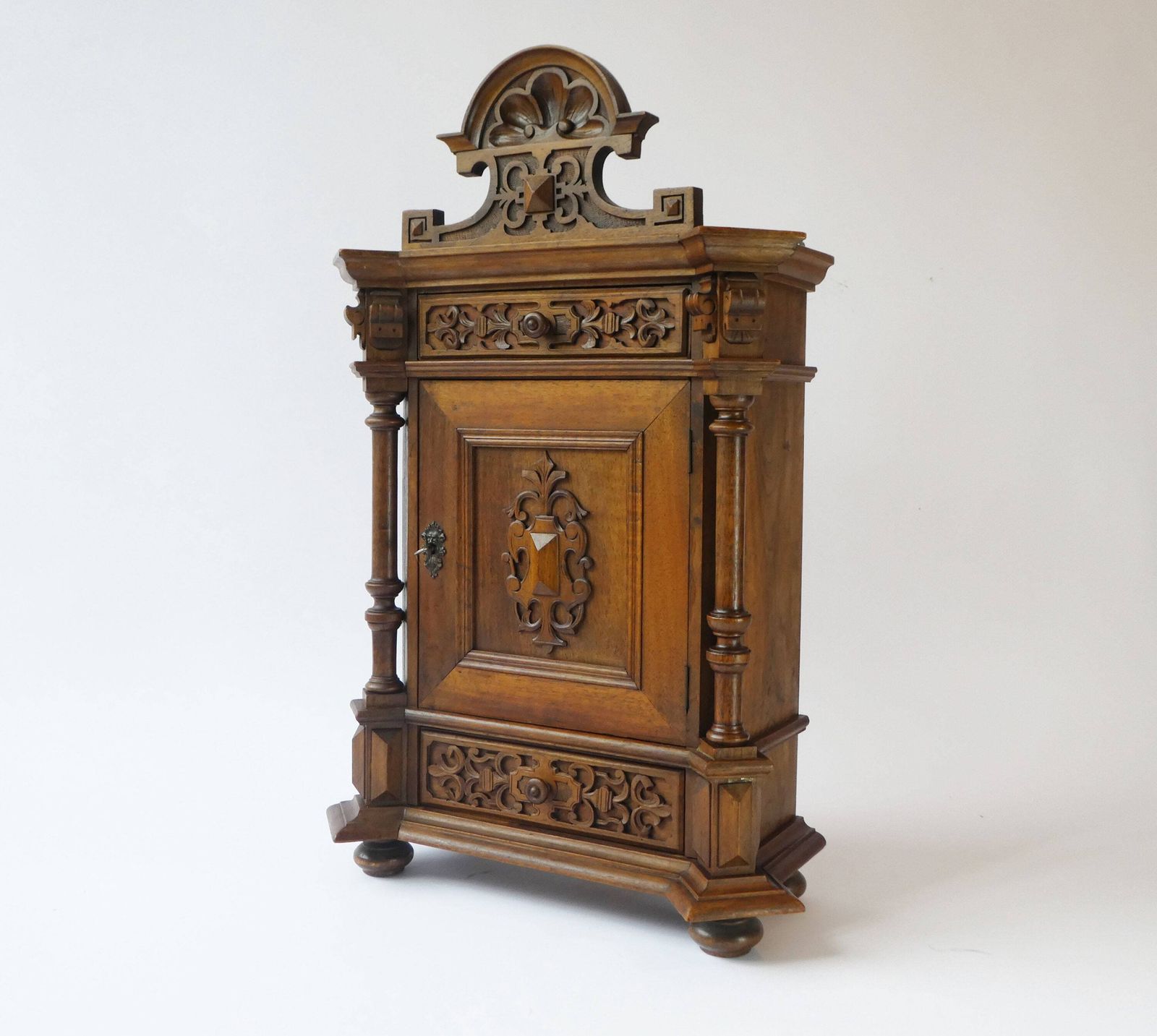 Antique Carved German Apothecary, Ornate Wooden 1900's Medicine Cabinet, Chest With Floral Details photo vinterior