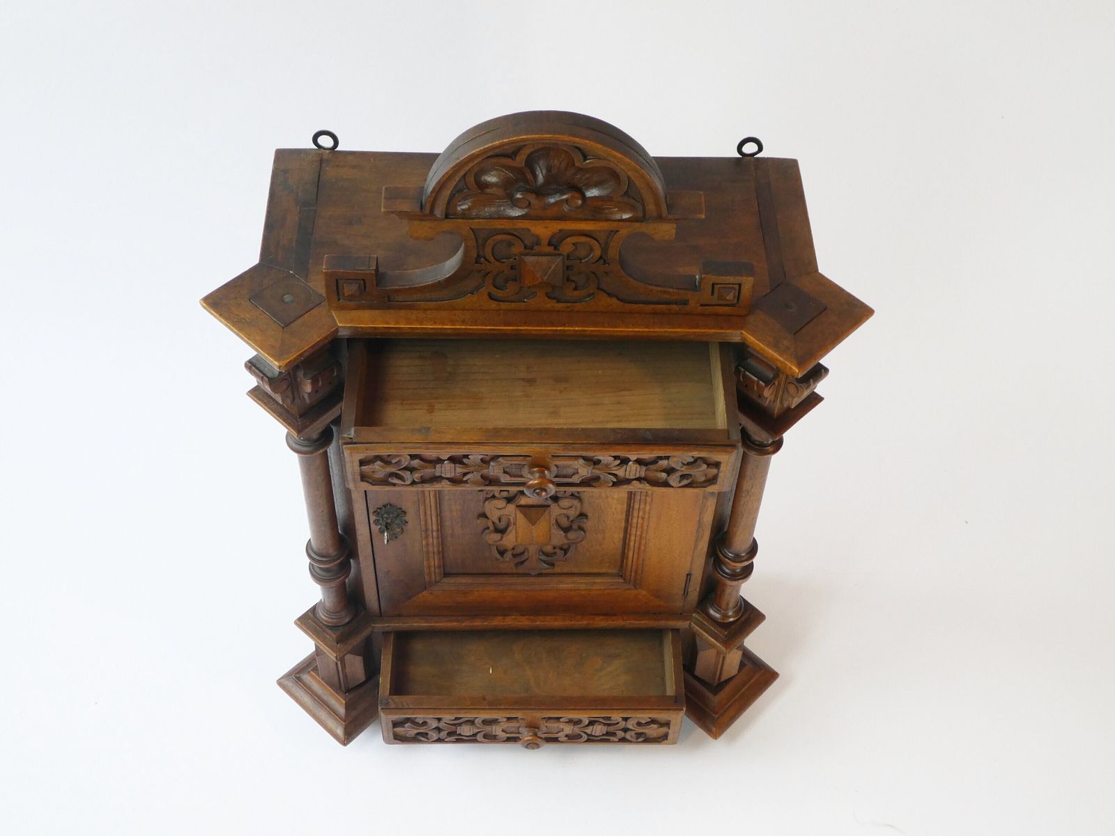 Antique Carved German Apothecary, Ornate Wooden 1900's Medicine Cabinet, Chest With Floral Details photo vintage