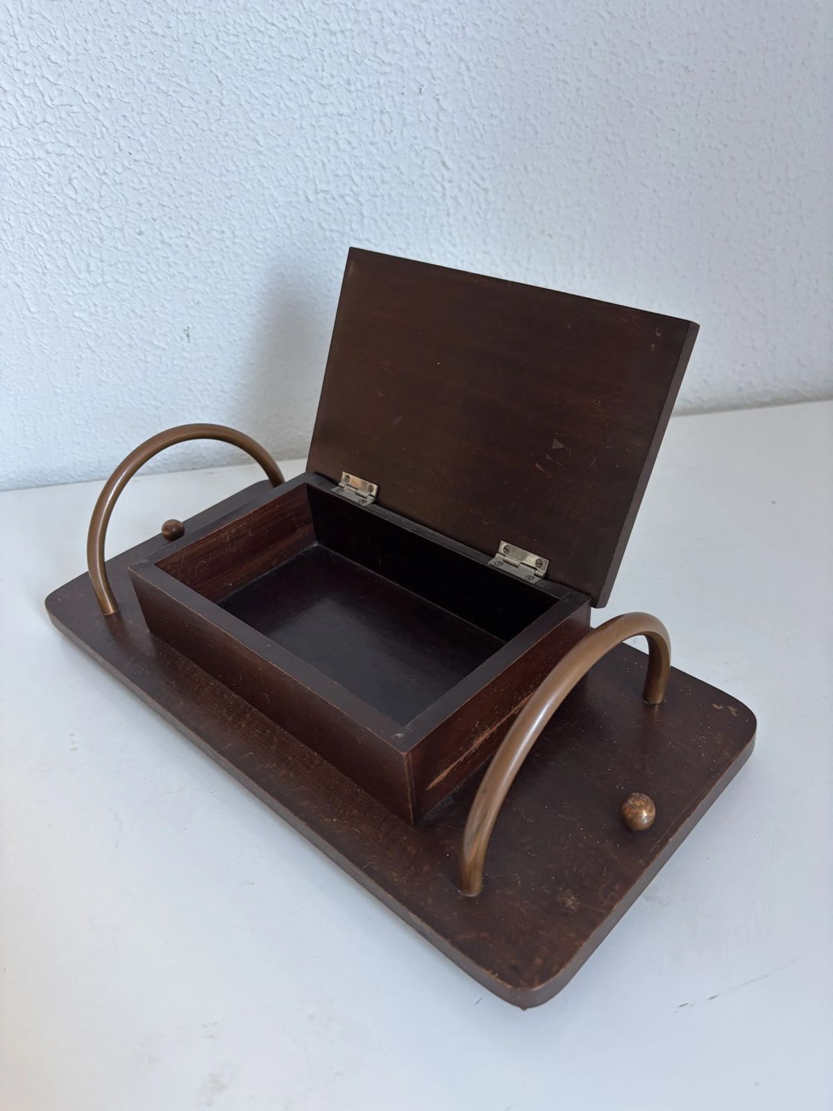 photo for sale Vintage 1960s Cigarette Holder Dispenser, Wood, Metal, Copper   31 X 15 Cm