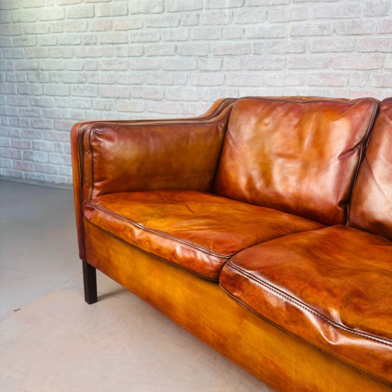 Vintage Danish Tan Leather Two Seater Sofa 1970s Mid Century Hand Dyed photo buy