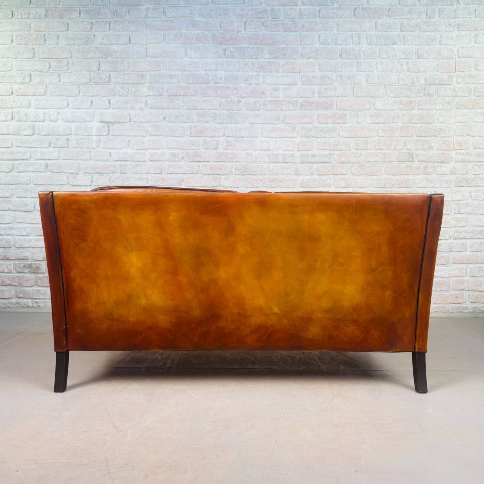 photo buy Vintage Danish Tan Leather Two Seater Sofa 1970s Mid Century Hand Dyed