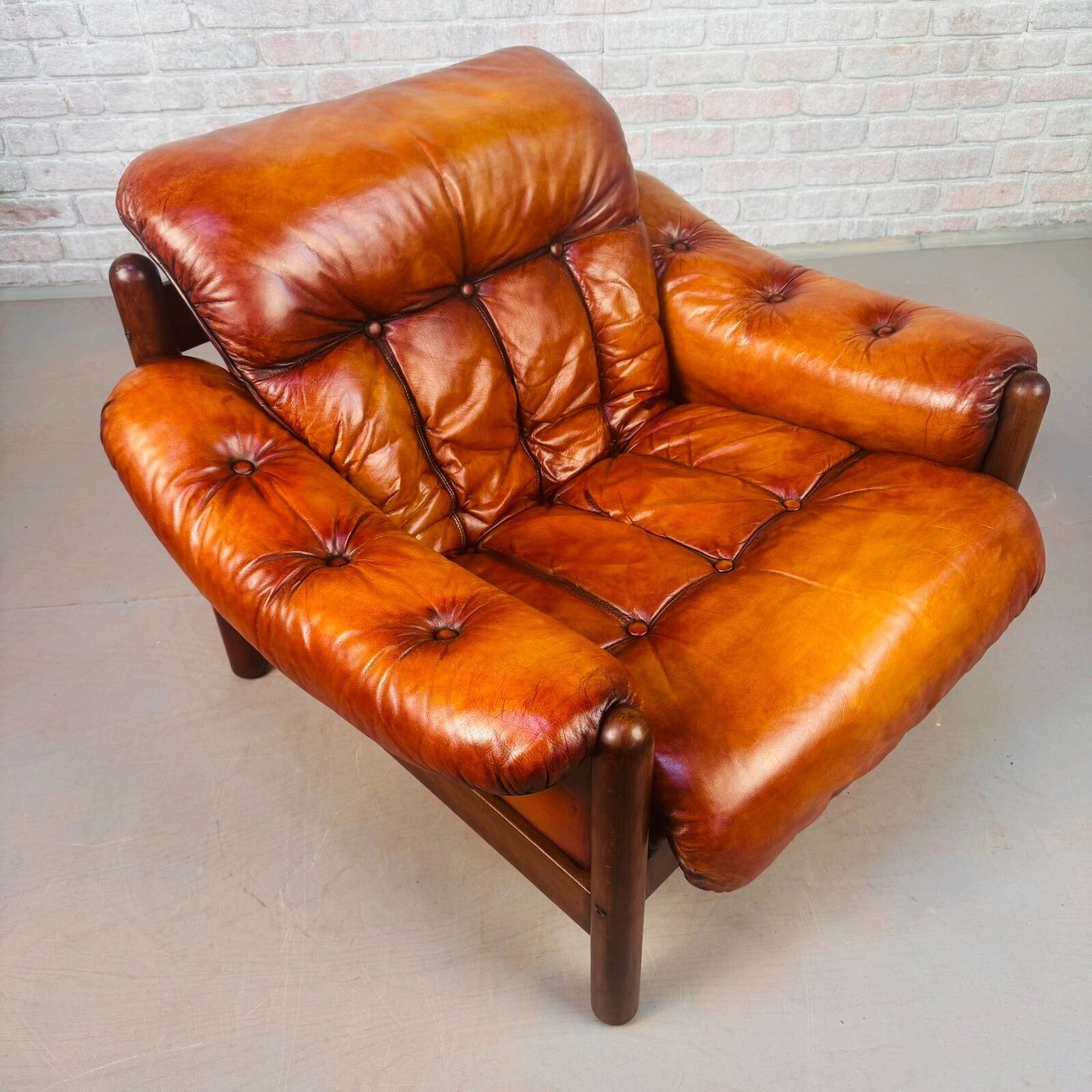 Vintage Swedish Cognac Leather Armchair Mid Century Scandinavian Lounge Chair photo vinterior