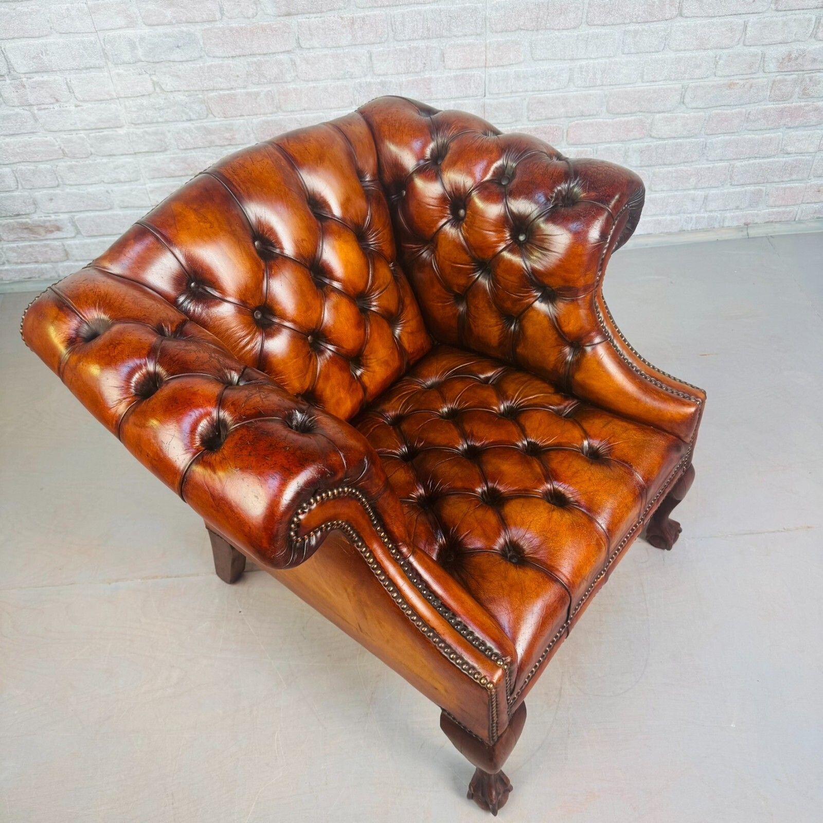 Vintage English Chesterfield Tan Leather Armchair Ball & Claw Mahogany Chair photo vinterior