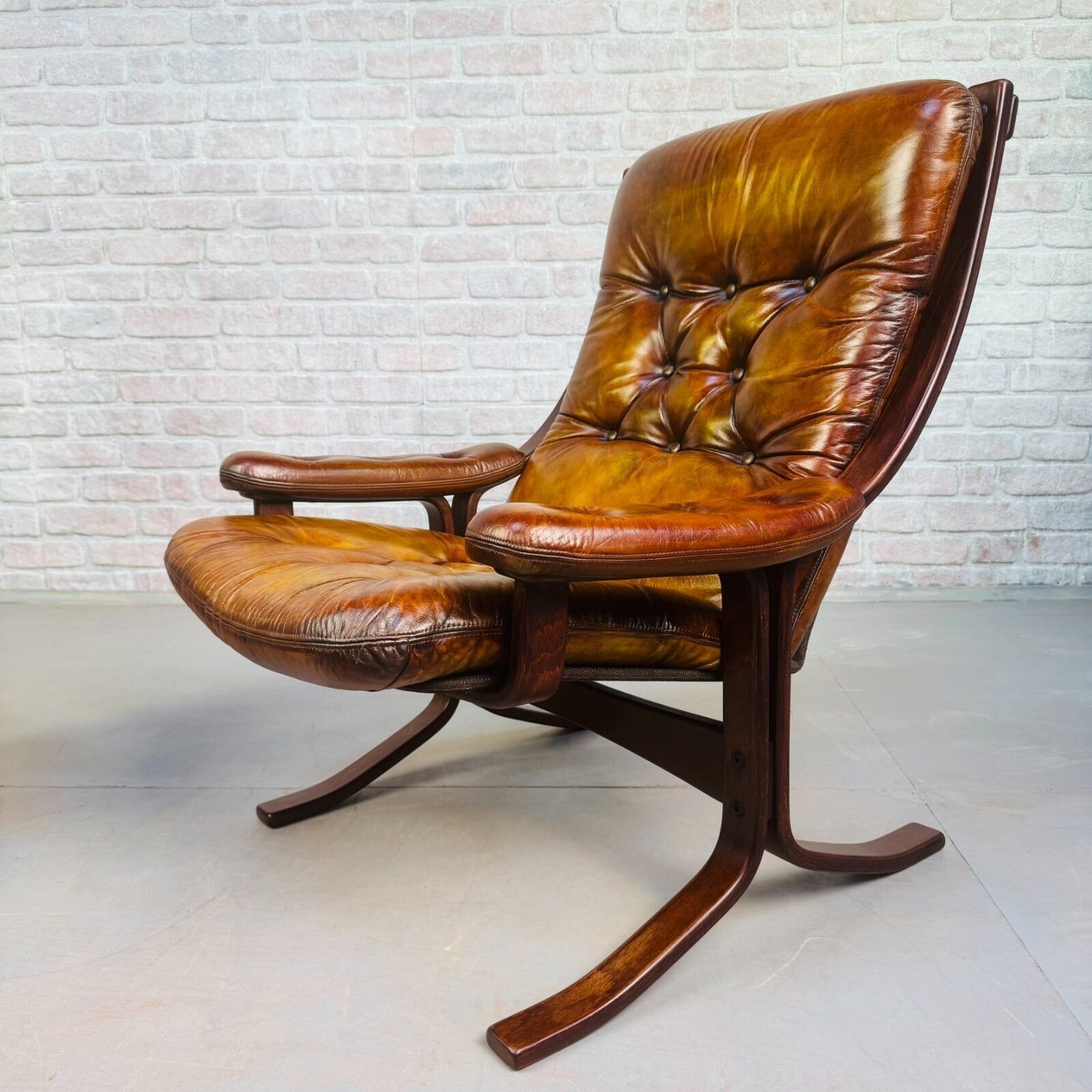 photo for sale Pair Of Vintage Danish Tan Leather Armchairs High Back Mid Century Chairs
