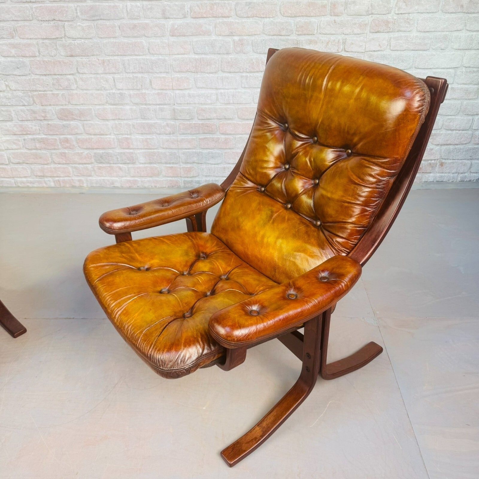 Furniture Pair Of Vintage Danish Tan Leather Armchairs High Back Mid Century Chairs photo