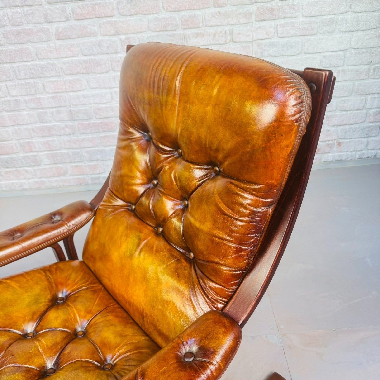 1425.0 Pair Of Vintage Danish Tan Leather Armchairs High Back Mid Century Chairs photo