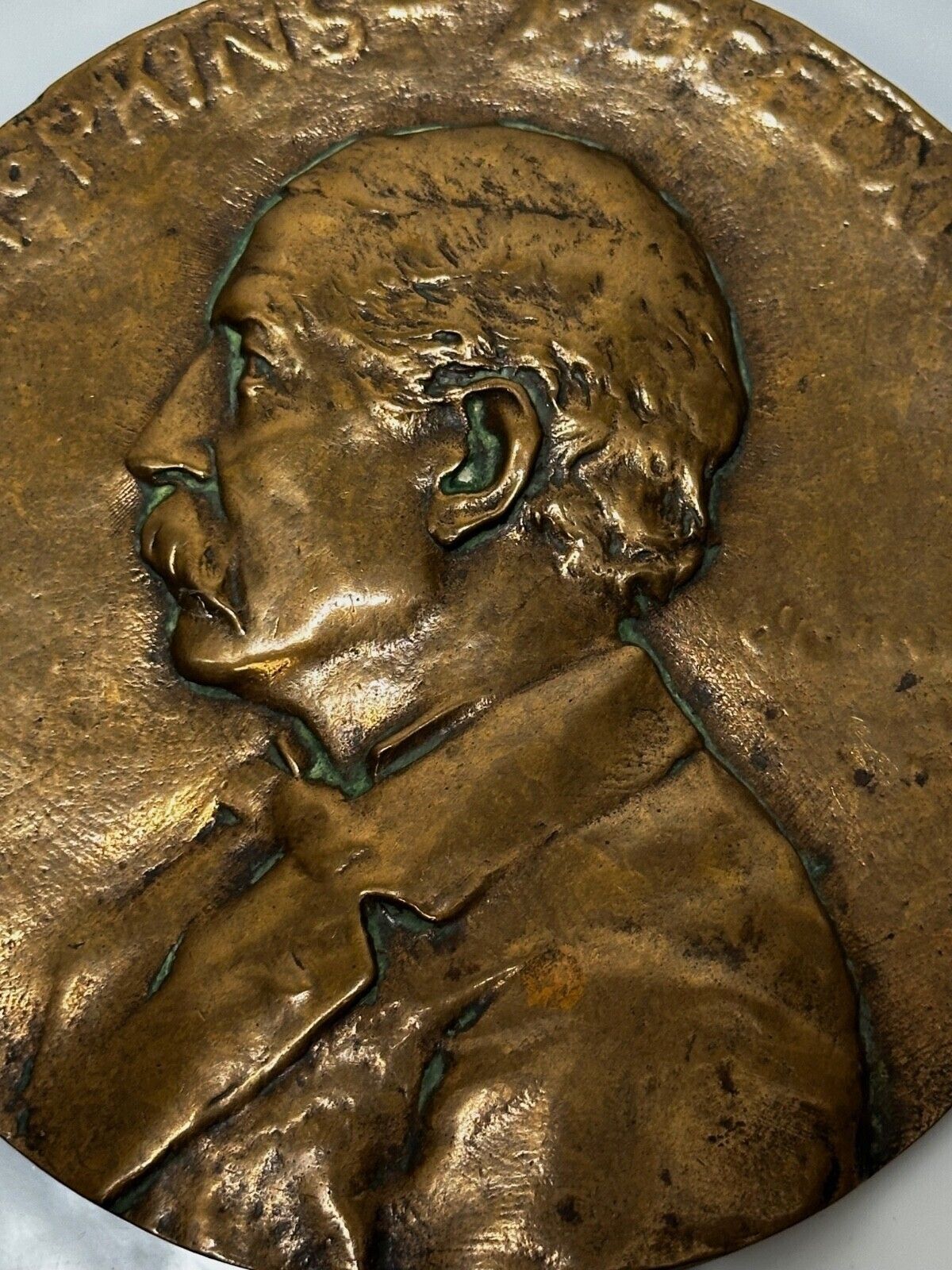 Rare Victorian 1895 English Gilt Bronze Portrait  Medallion – Charles C. Hopkins – 12cm – In The Manner Of Frampton photo vinterior