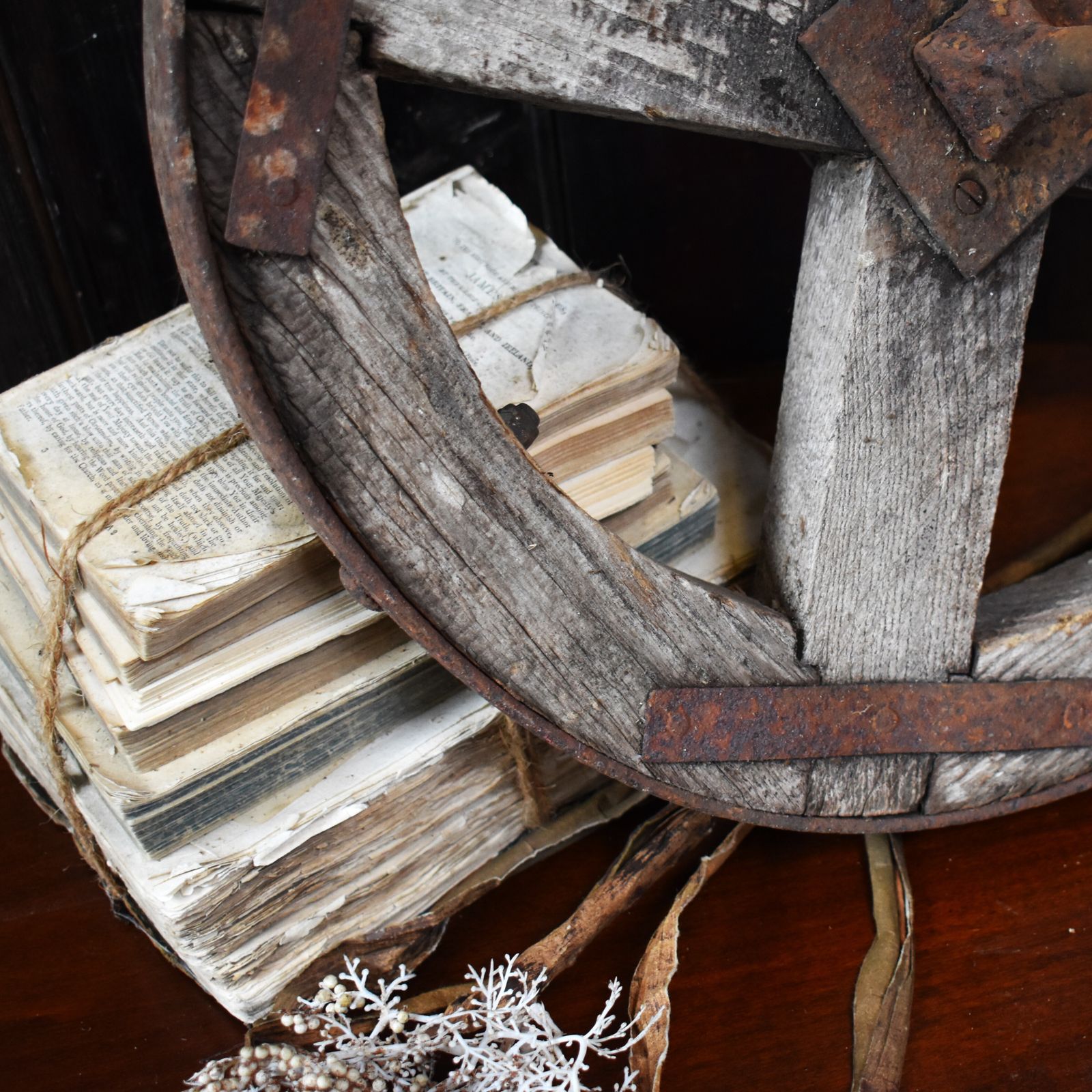 Antique Salvaged Wooden Garden Decorative Display Cart Wheel photo for sale