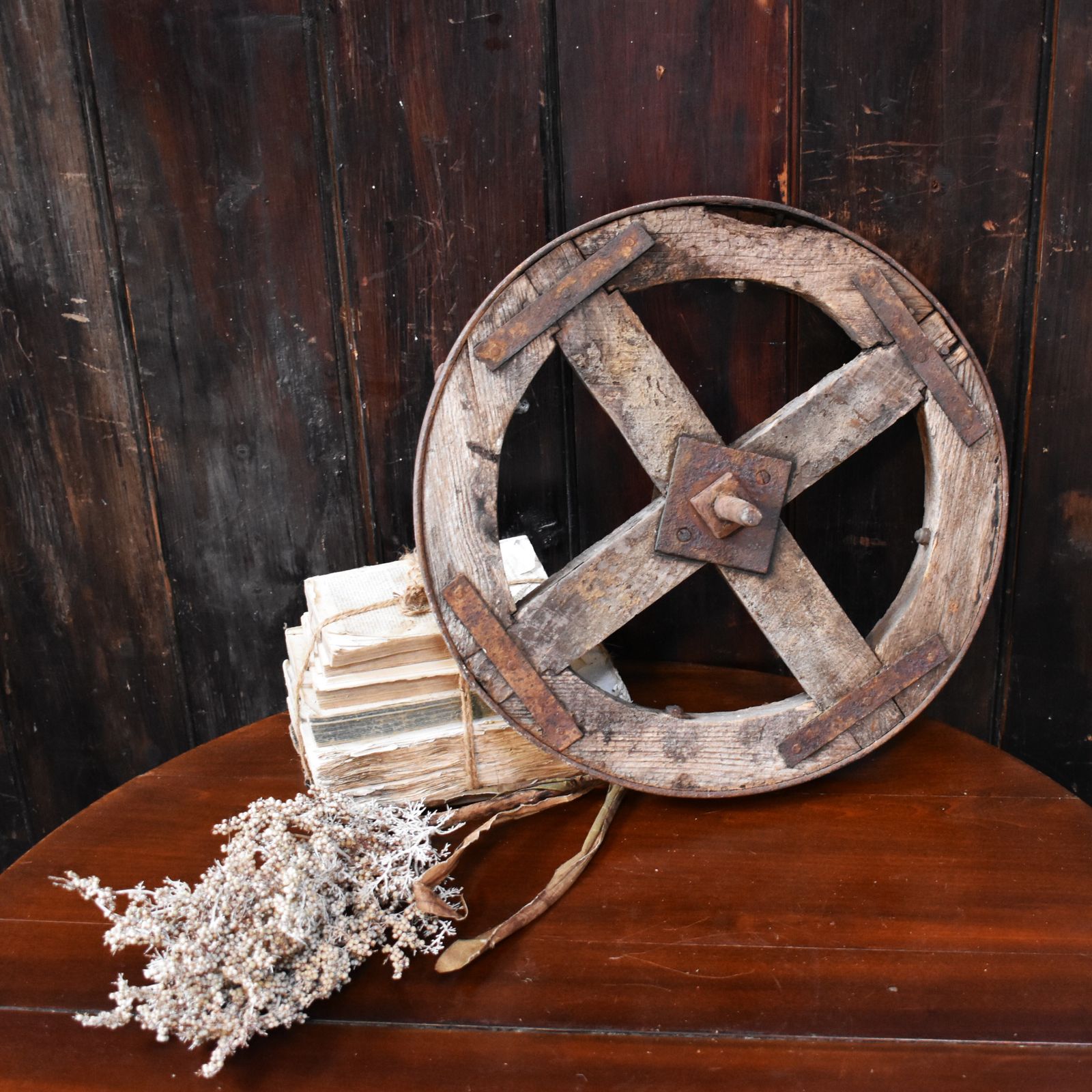 Antique Salvaged Wooden Garden Decorative Display Cart Wheel photo 75.0