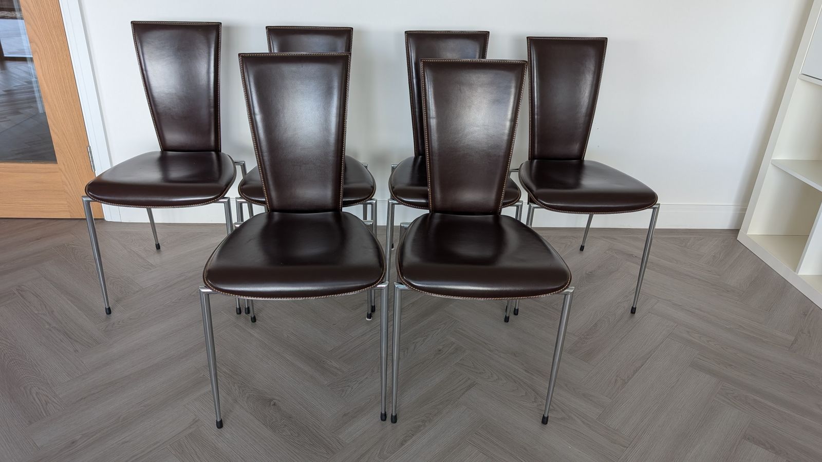 Set Of 6 Arper Italian Leather Dining Chairs – Contrast Stitching, Chrome Frame photo for sale