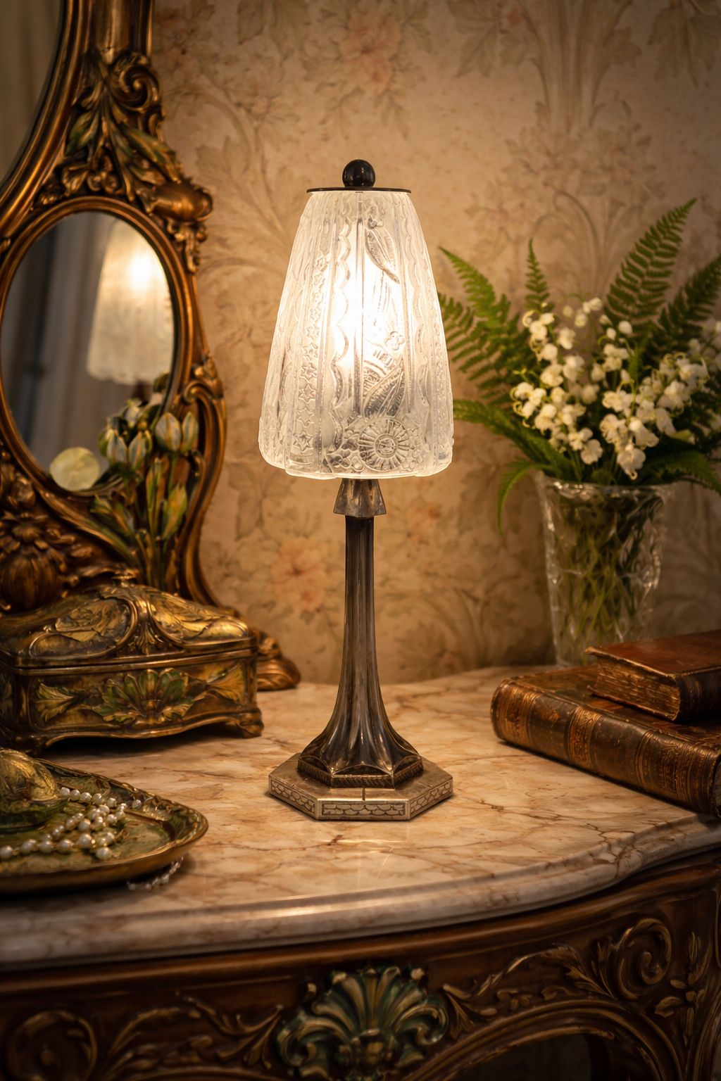 Art Deco Table Lamp, 1920s–1930s — Nickel Plated Metal Tree Trunk Base, Molded Pressed Glass Shade — France   35cm photo furniture