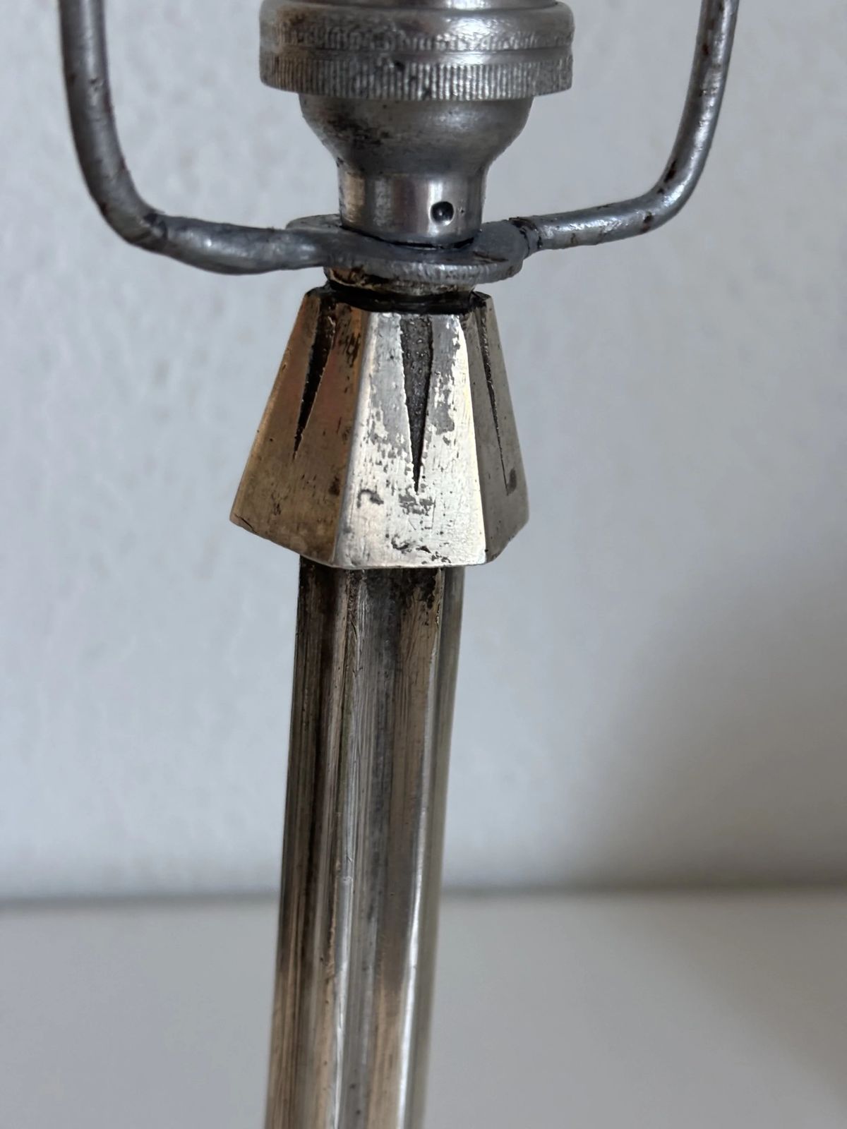 photo vinterior Art Deco Table Lamp, 1920s–1930s — Nickel Plated Metal Tree Trunk Base, Molded Pressed Glass Shade — France   35cm