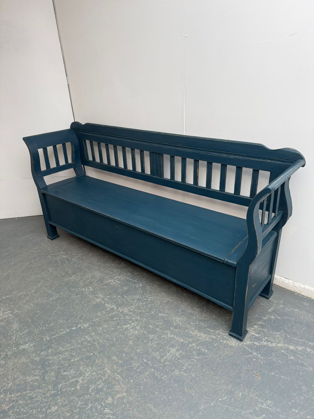 A Genuine Hungarian Pine Painted Blue Victorian 3/4 Seater Bench