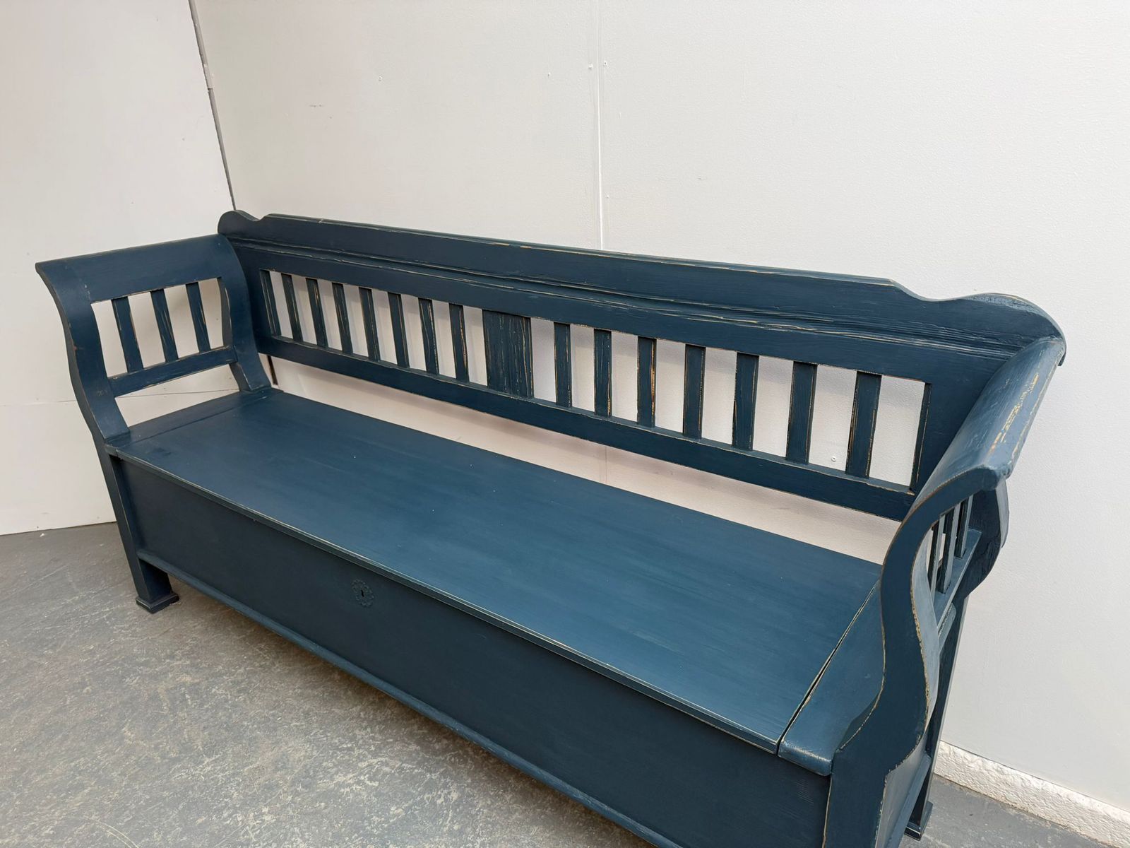 A Genuine Hungarian Pine Painted Blue Victorian 3/4 Seater Bench photo furniture