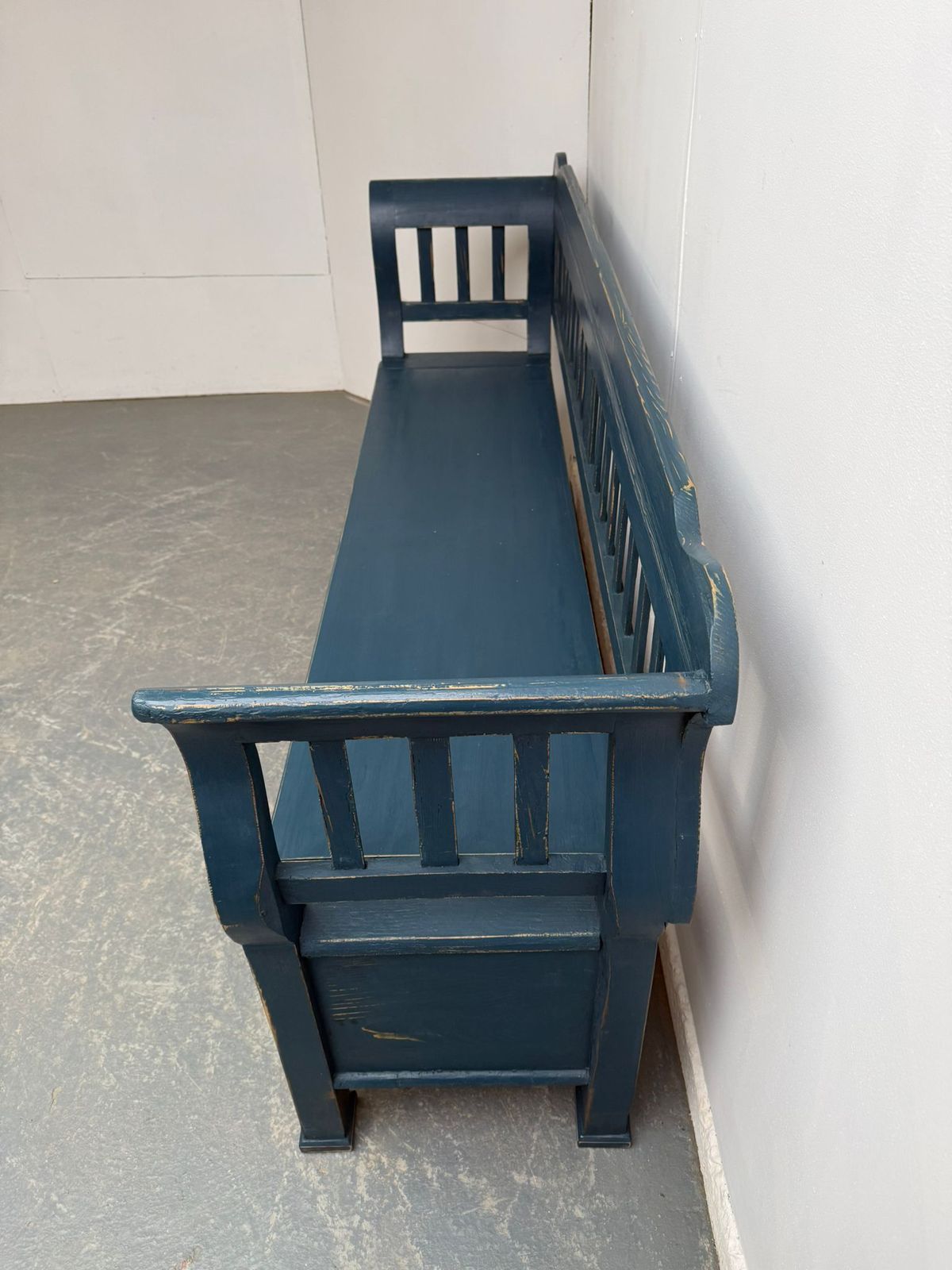 A Genuine Hungarian Pine Painted Blue Victorian 3/4 Seater Bench photo for sale