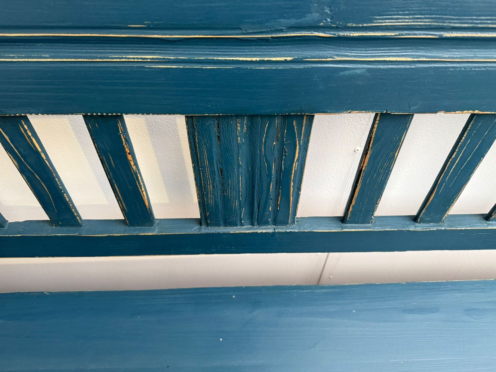 A Genuine Hungarian Pine Painted Blue Victorian 3/4 Seater Bench photo vinterior