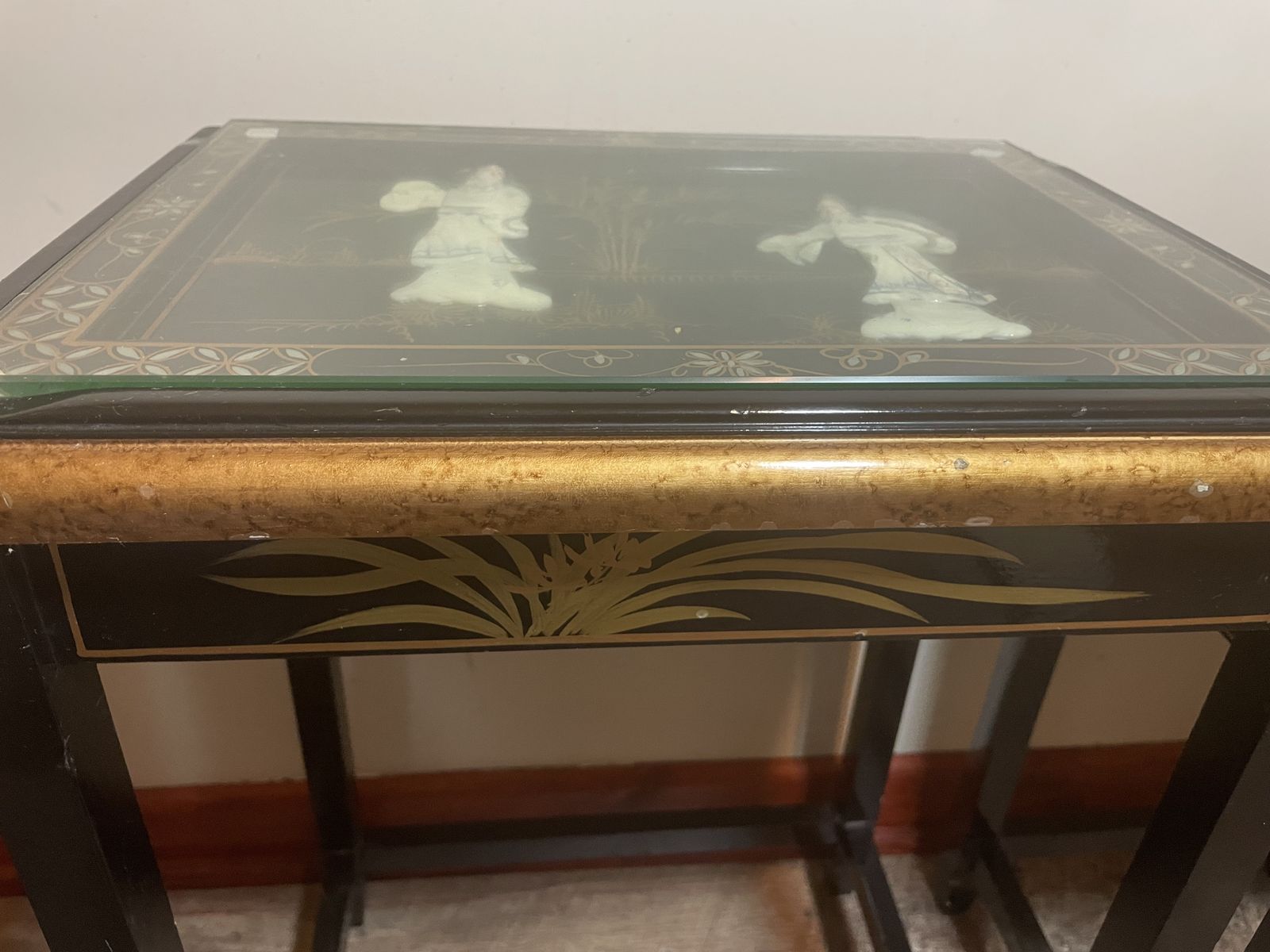 photo for sale Set Of 4 Vintage Chinoiserie Nesting Tables | Black Lacquer & Mother Of Pearl Inlay