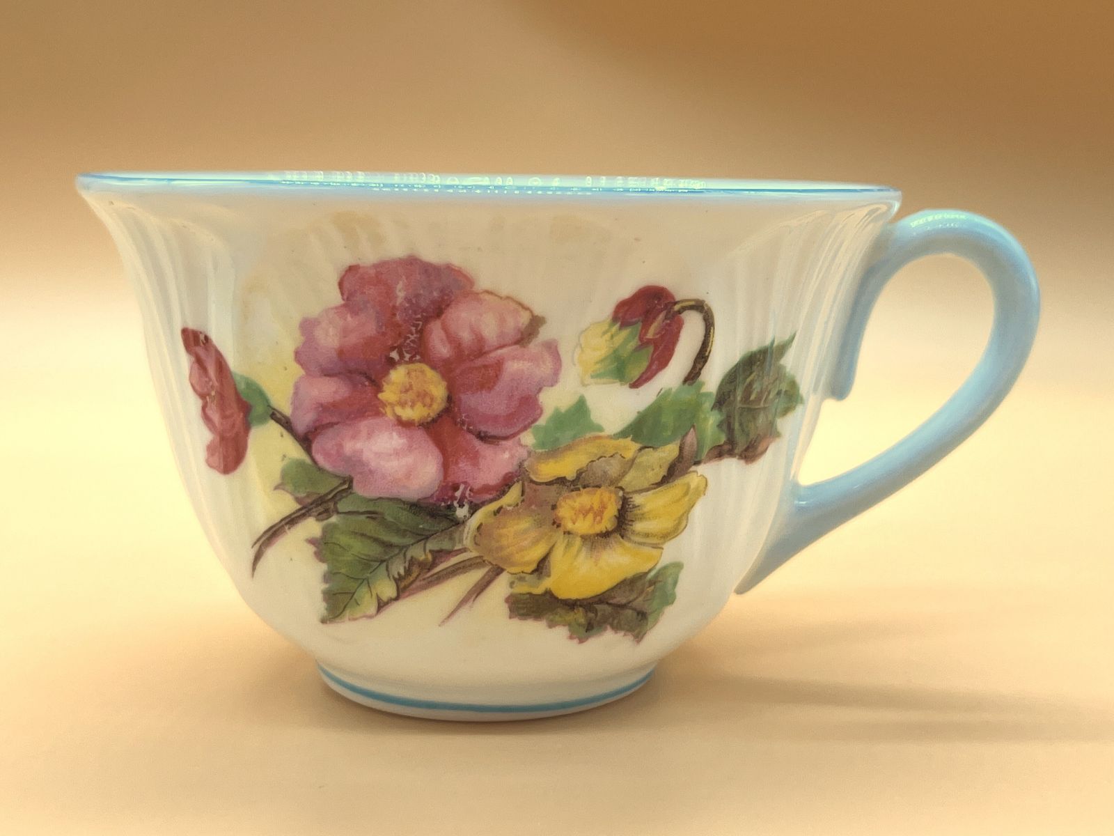 Vintage Shelley China Begonia Blue Trim Design Oleander Shape Cup And Saucer Duo. C1940. 13427. photo vinterior