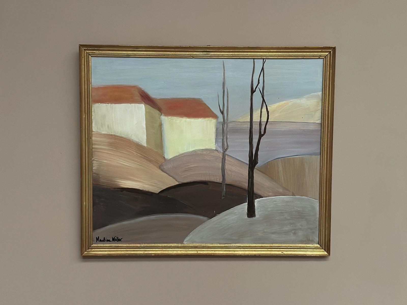 photo for sale Original Swedish Oil On Panel – “Houses With Red Roofs” By Martina Möller – Contemporary – 54 × 45 Cm (21.3" × 17.7")