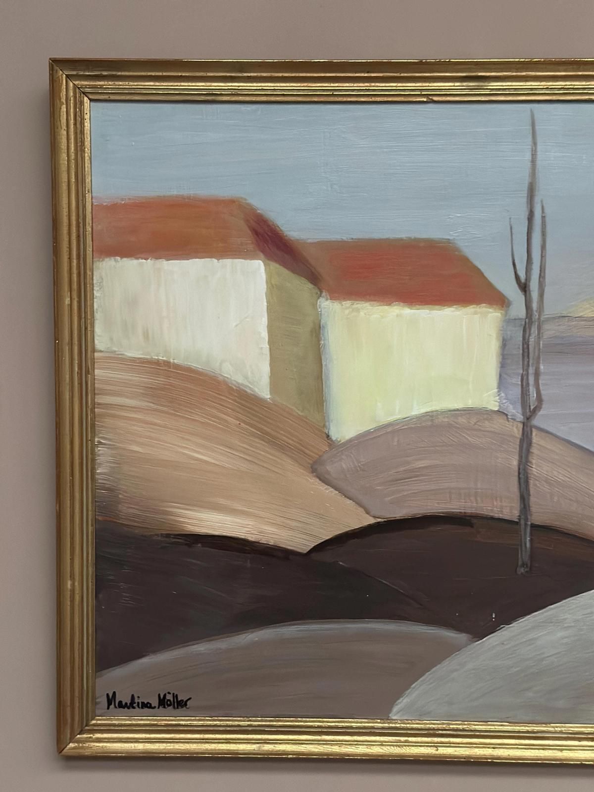 photo vinterior Original Swedish Oil On Panel – “Houses With Red Roofs” By Martina Möller – Contemporary – 54 × 45 Cm (21.3" × 17.7")