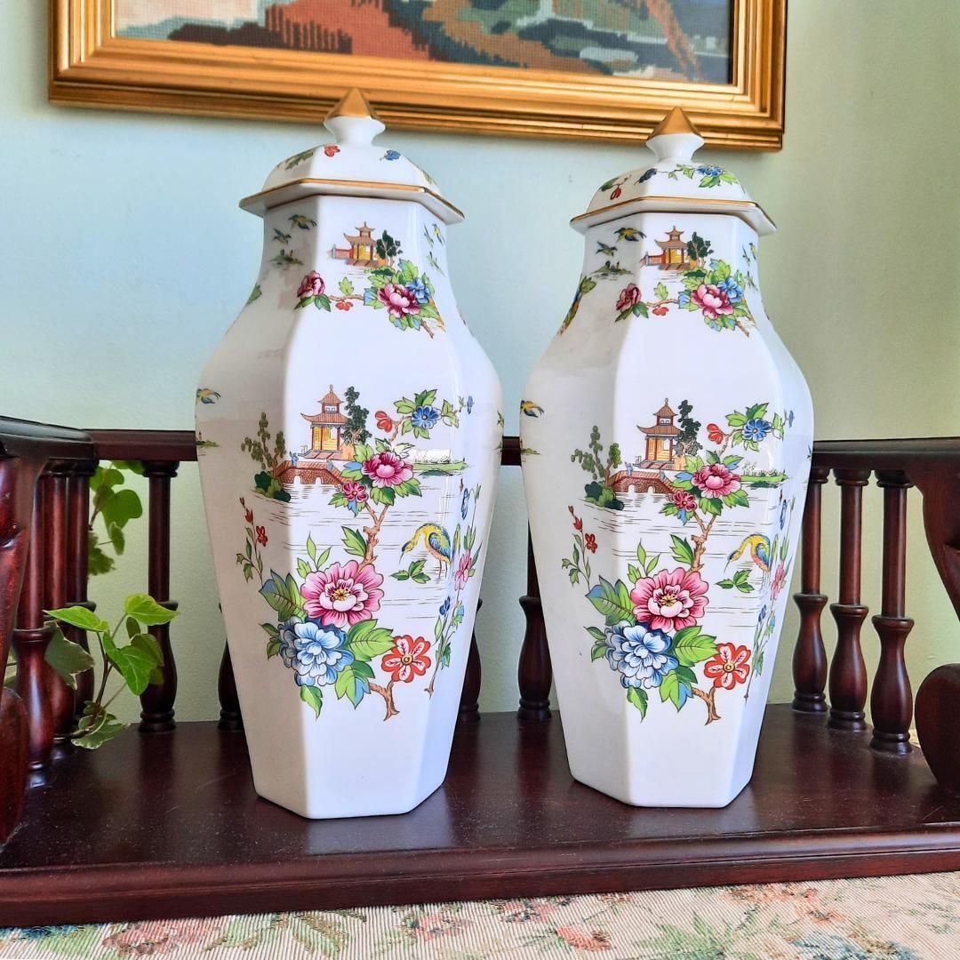 Crown China Pagoda Ginger Jars Pair Made In England 11'' Tall, Chinoiserie Porcelain Lidded Jars photo furniture