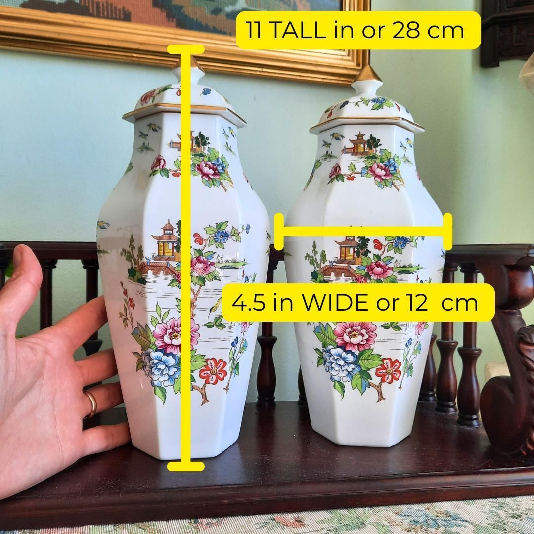 Crown China Pagoda Ginger Jars Pair Made In England 11'' Tall, Chinoiserie Porcelain Lidded Jars photo for sale