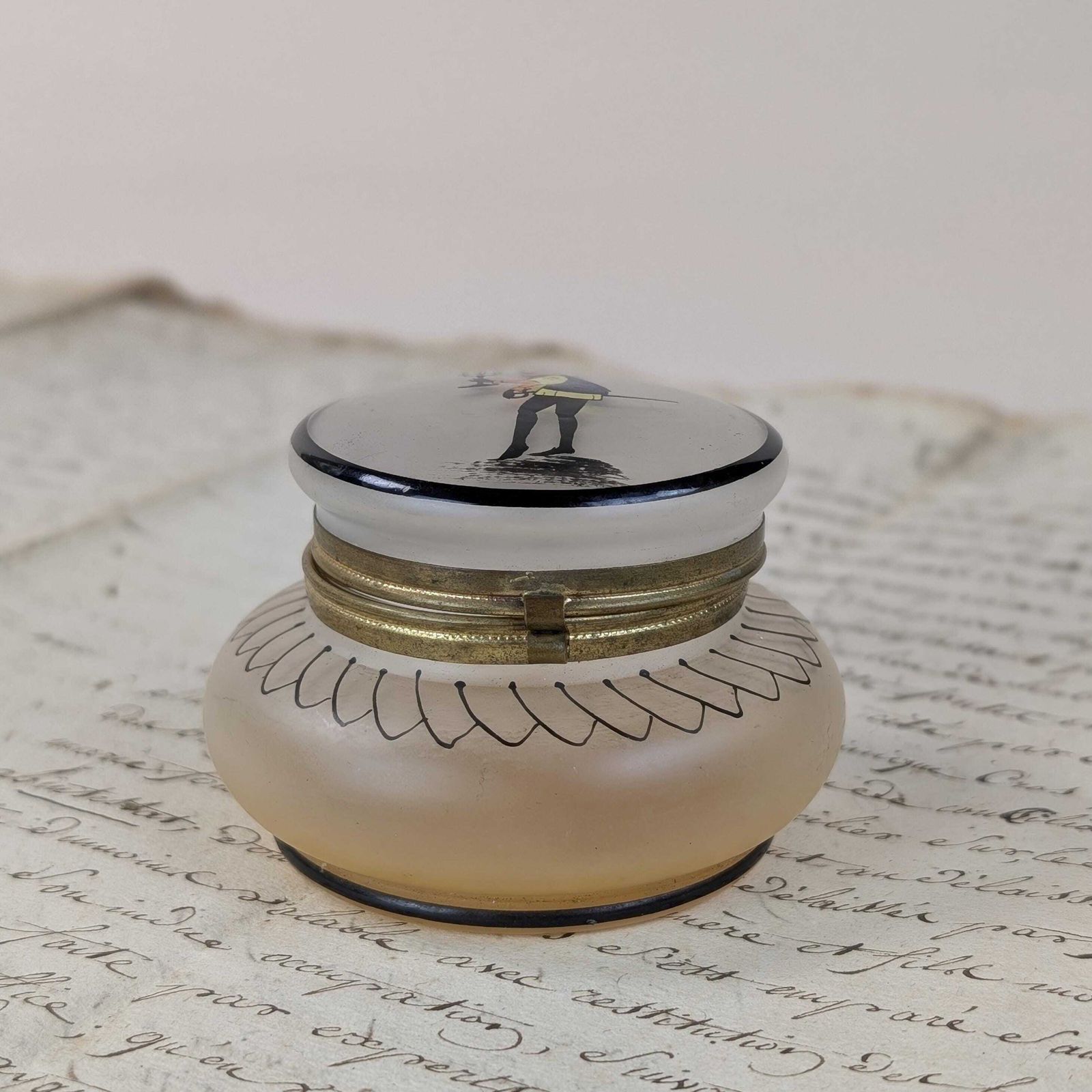French Frosted Glass Trinket Box, Vintage Satin Glass 1940s Silhouette Vanity Jar Hinged Pill Box photo furniture