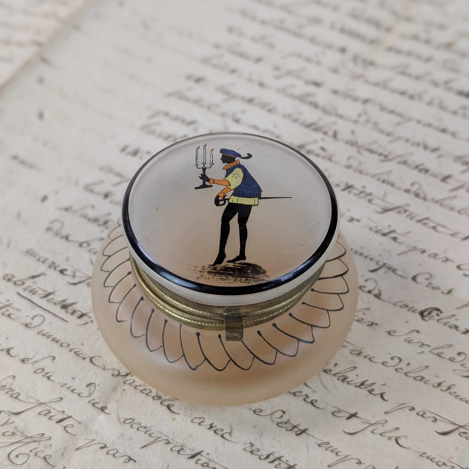 56.0 French Frosted Glass Trinket Box, Vintage Satin Glass 1940s Silhouette Vanity Jar Hinged Pill Box photo