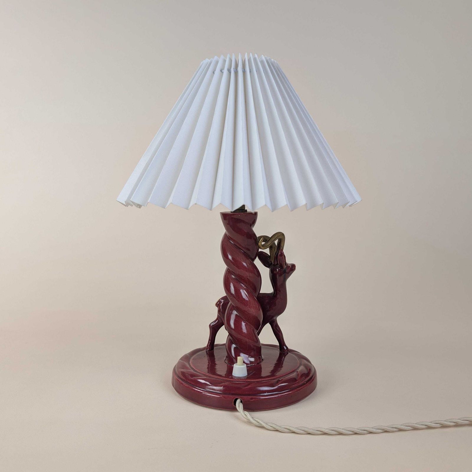 French Art Deco Burgundy Ceramic Gazelle Lamp, Gébé Paris Mid Century Table Light With Pleated Shade photo vinterior